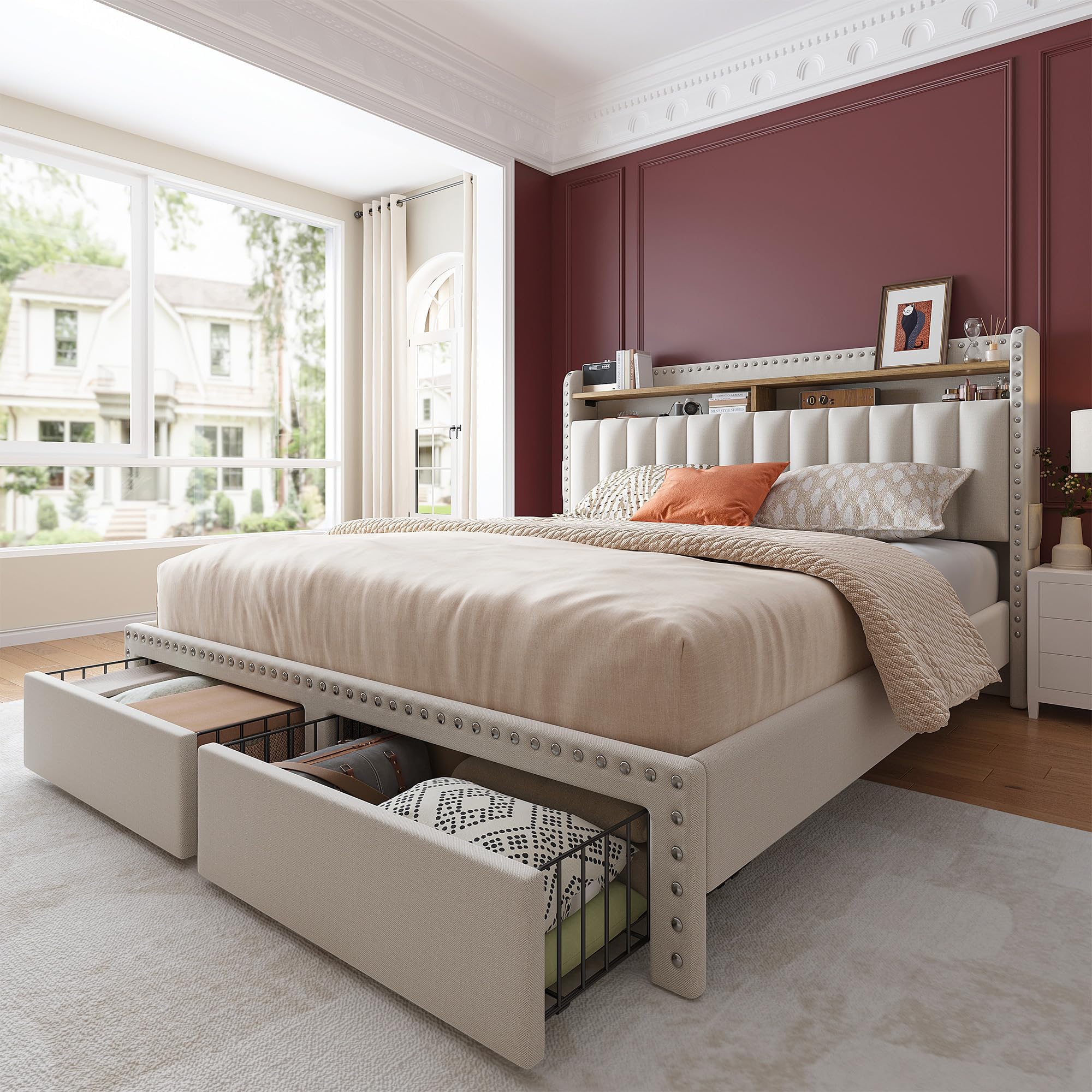 EnHomee Full Bed Frame with Headboard and Storage, Upholstered Full Bed Frame with Storage, Full Size Bed Frame with 2 Drawers, Full Size Bed Frame with Storage and Headboard, NO Noise