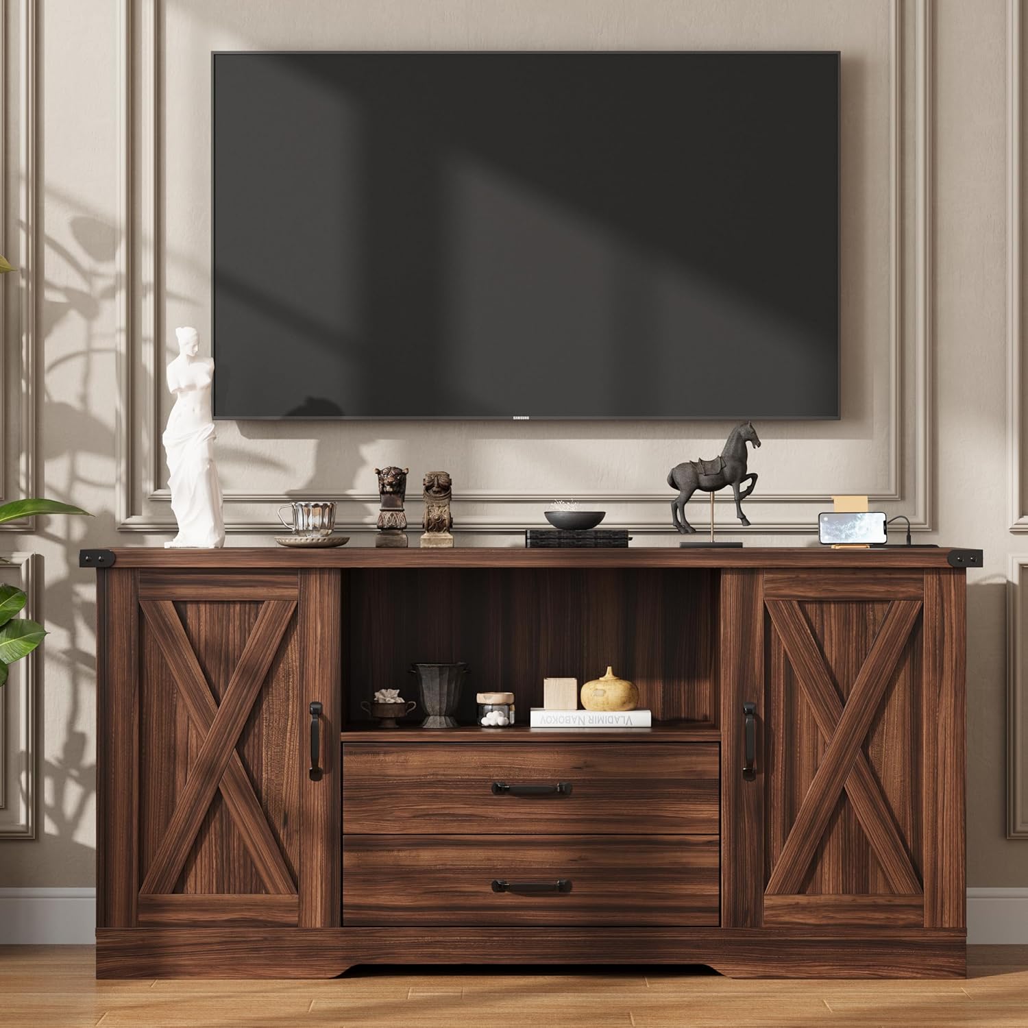 maupvit farmhouse tv stand for 65 inch tv,under tv cabinet with storage,tv table with drawers,58.3" tv media console,wooden tv stands for living room bedroom,walnut
