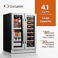 Vista 2 de Ca'Lefort Refrigerador de vino y bebidas de 24 pulgadas, refrigerador de vino de 60 latas y 20 botellas, 36-72 °F, enfriador de vino de doble zona