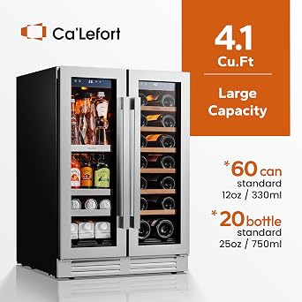 Ca'Lefort 24 Inch Wine and Beverage Refrigerator, 60 Can and 20 Bottle Wine Fridge 36-72F, 3 LED Dual Zone Wine Cooler with Glass Door, Built-in Compressor Refrigerator for Home/Kitchen (4.10 cu.ft)