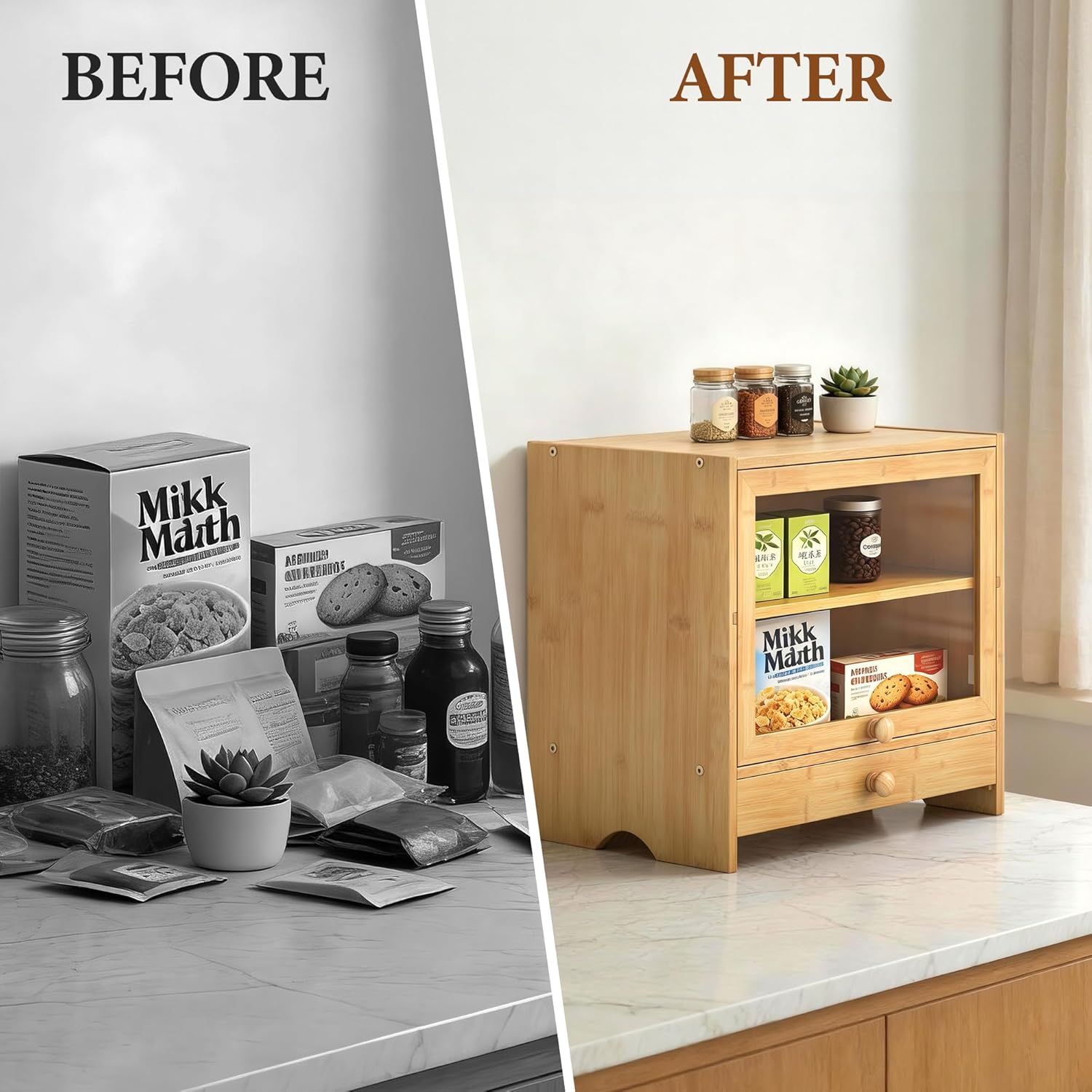 2 Tier Bread Box, Natural Bamboo Wood Bread Storage Container Cabinet with Window for Kitchen Countertop, Space Saver Handmade Sandwich Bread Keeper for Home Bakery (Breadbox with Slicer)