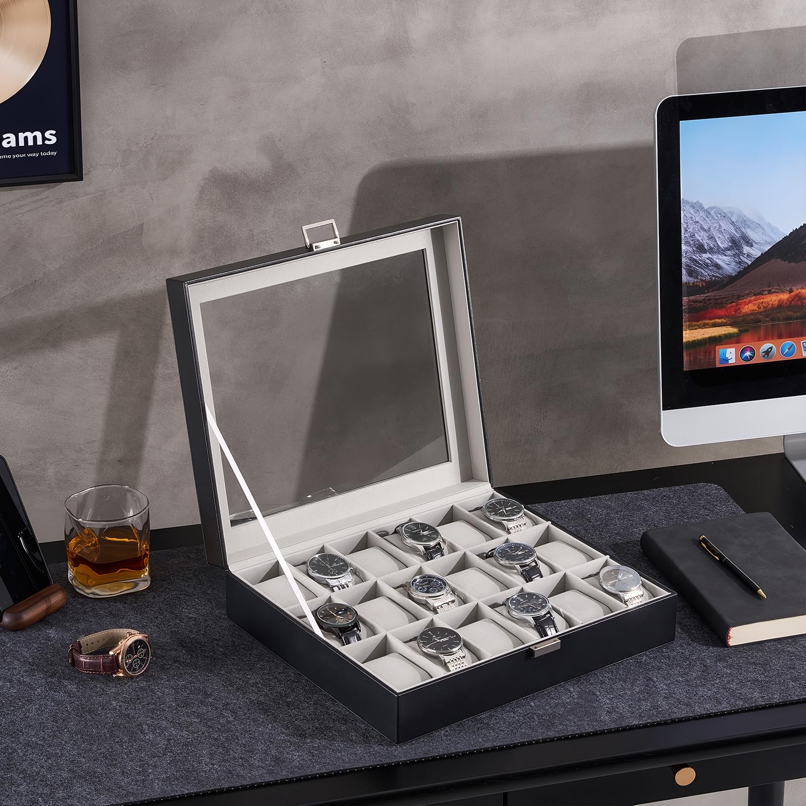 ProCase Uhrenbox, Uhrenaufbewahrung Uhrenkasten mit Glasdeckel, Uhrenkasten Uhrenkoffer mit Uhrenkissen, Watch Box für Herren - 18 Fächer, Schwarz