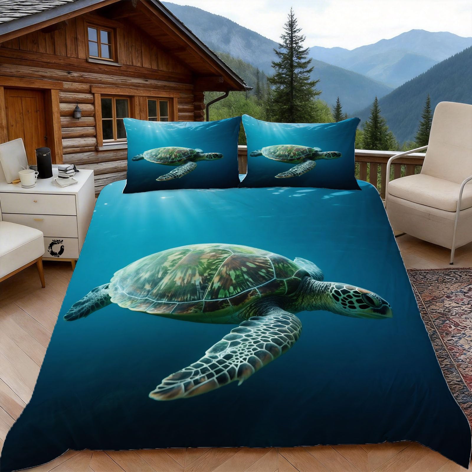Housse de couette 200x200 tortue de mer parure de lit océan microfibre zippée