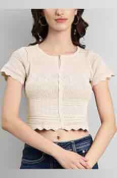 Buy MYSTIFY® Women's Knit-Rib Acrylic Crochet Hollow Out Button-Up
