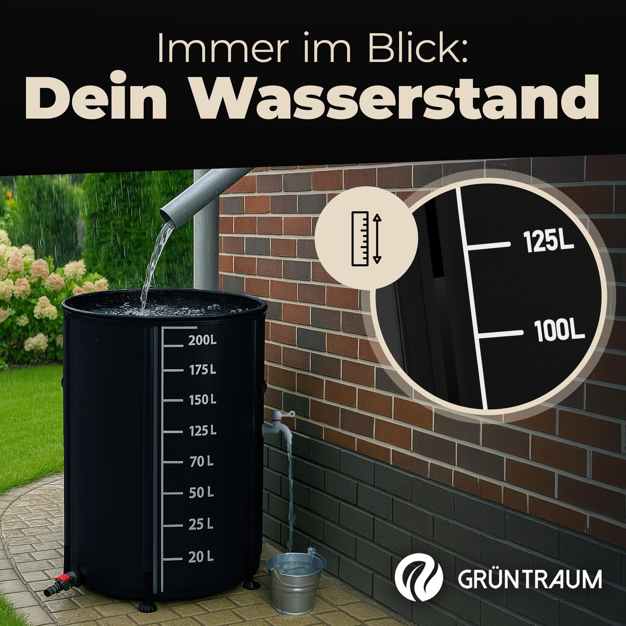 Tonel plegable de 200L – barril de lluvia / barril de agua pluvial / depósito de agua plegable – barril de agua estable – resistente a la intemperie – con indicador de nivel y sistema Air