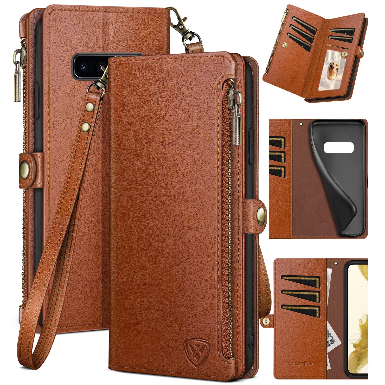 XcaseBar for Samsung Galaxy S10+/S10 Plus Wallet case with Zipper Credit Card Holder?RFID Blocking?, Flip Folio Book PU Leather Phone case Shockproof Cover Women Men for Samsung S10+ case Light Brown