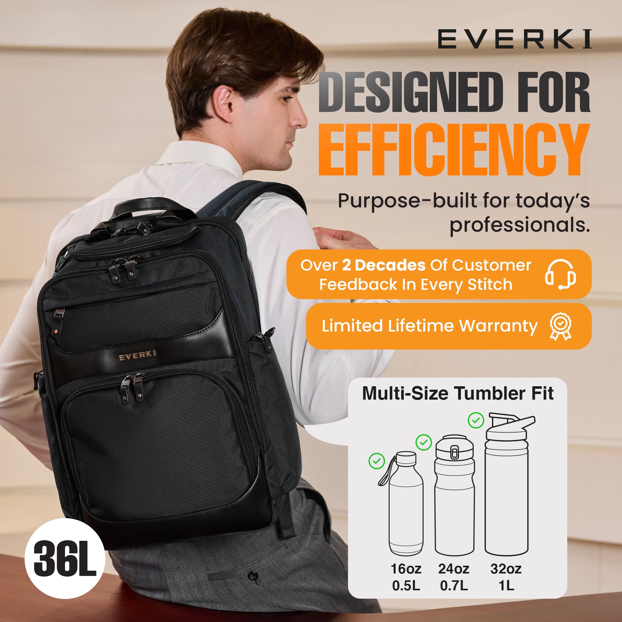 Everki Onyx sac à dos ordinateur portable premium – nylon balistique et cuir, sac de bureau adapté au voyage – compartiment dédié jusqu’à 17,3", 36 L – Noir (EKP132S17)