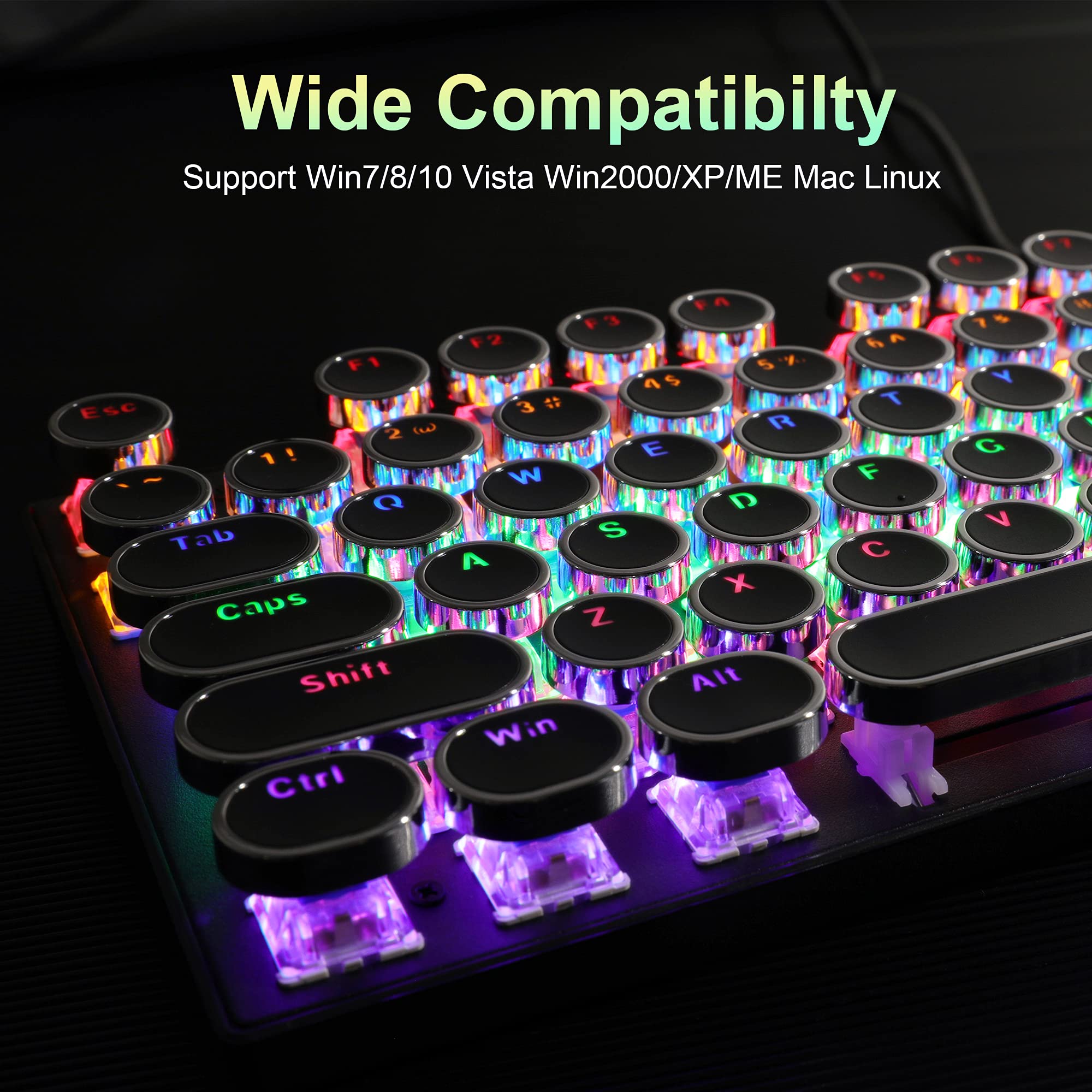 Typewriter Style Mechanical Gaming Keyboard, Black Retro Punk Gaming