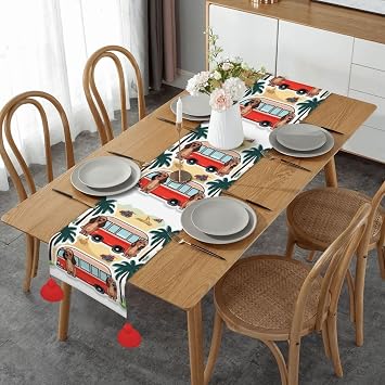 Dog Summer Bus Palm Trees Print Christmas Table Runner Linen with Tassel Table Cloth Long Table Linens for Dining Table Decorations 14x60in