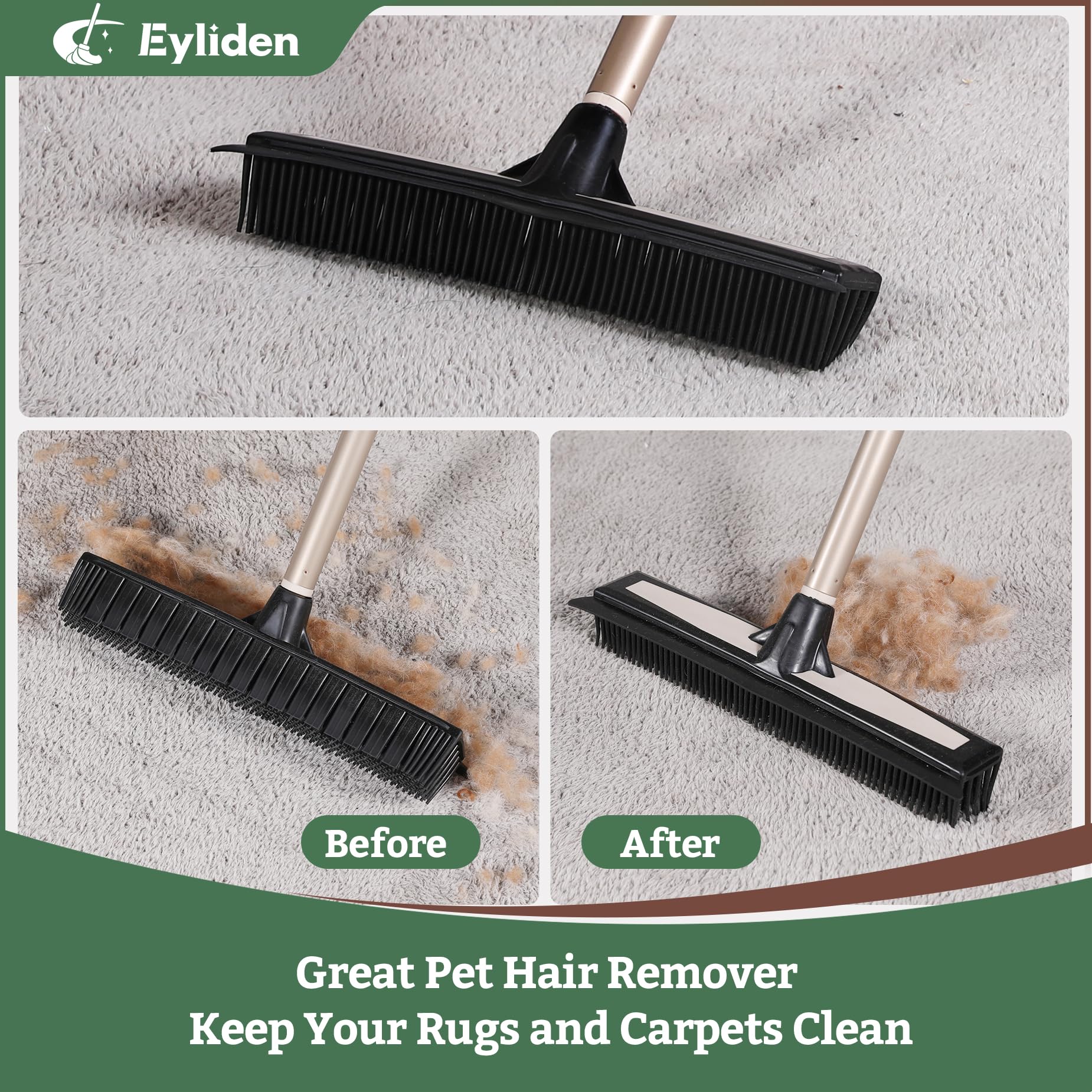 Eyliden Rastrello in gomma per peli di animali domestici, scopa 2 in 1 con tergivetro, manico telescopico da 137,2 cm, spazzola per rimuovere l'acqua dalla pelliccia per tappeti, tappeti, legno duro