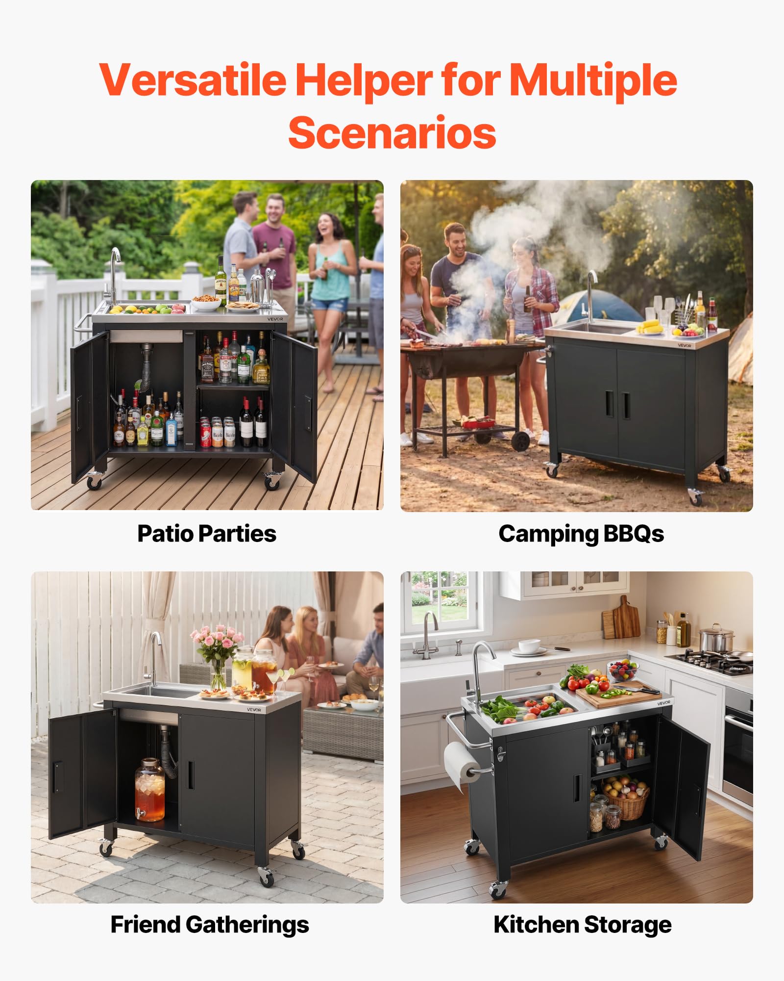 VEVOR Mesa de Barbacoa 965 x 460 x 909 mm Tablero de Acero Inoxidable, Carrito de Cocina con Fregadero, con Ruedas, con Armario de Almacenamiento, con Toallero, para Jardín, Bar, Zona de Barbacoa
