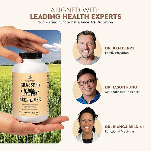 Miniatura 4 de Ancestral Supplements Hígado vacuno alimentado con pastura (disecado). Hierro natural, vitamina A, B12 para energía (180 Cápsulas)