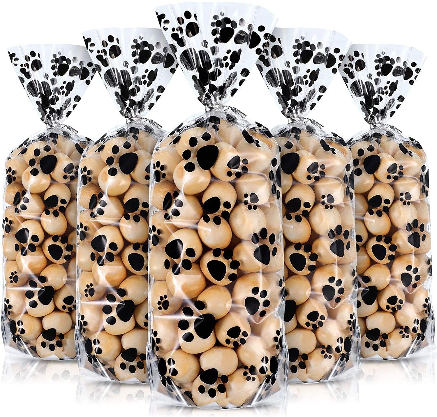 Eowppue 100 Pcs Pet Paw Print Plastic Cellophane Bags Wide Bottom Heat Seal Gift Bags for Dogs Cats with 100 Pcs Silver Braided Bands
