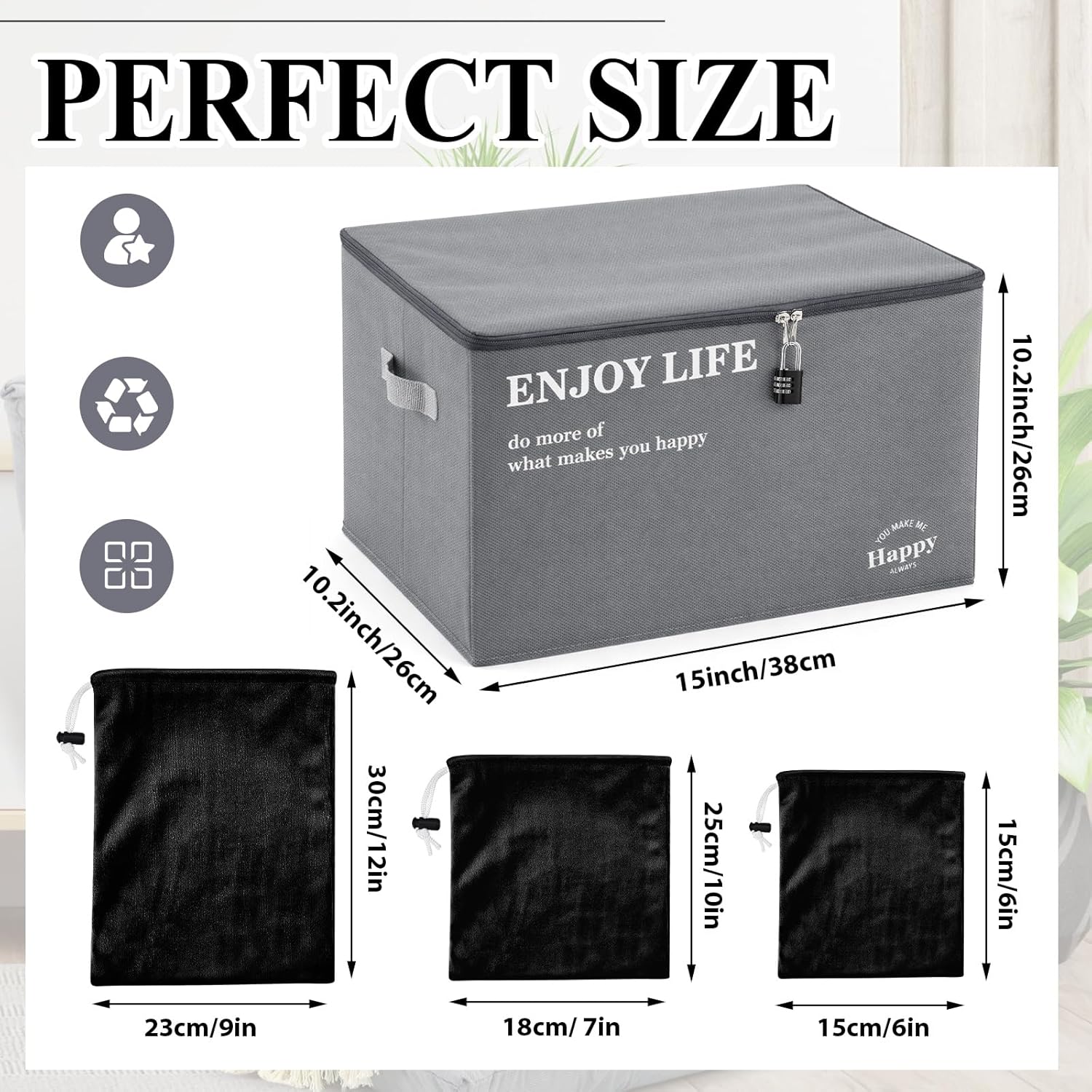 Cinnvoice Discreet Lockable Toy Bag Box Storage 19.6 x 13.8 x 11.8 Inches Organizer with Zipper Lid and 9 Pcs Toy Storage Drawstring Bags 3 Sizes for Women Men Toys Clothes Container
