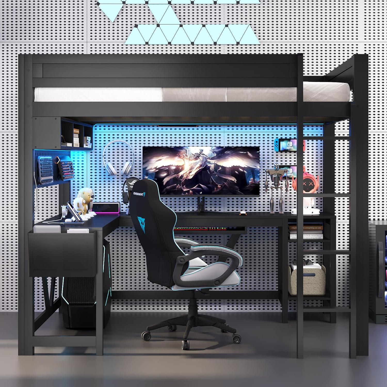 Merax Full Size Gaming Loft Bed with Desk and LED Lighting