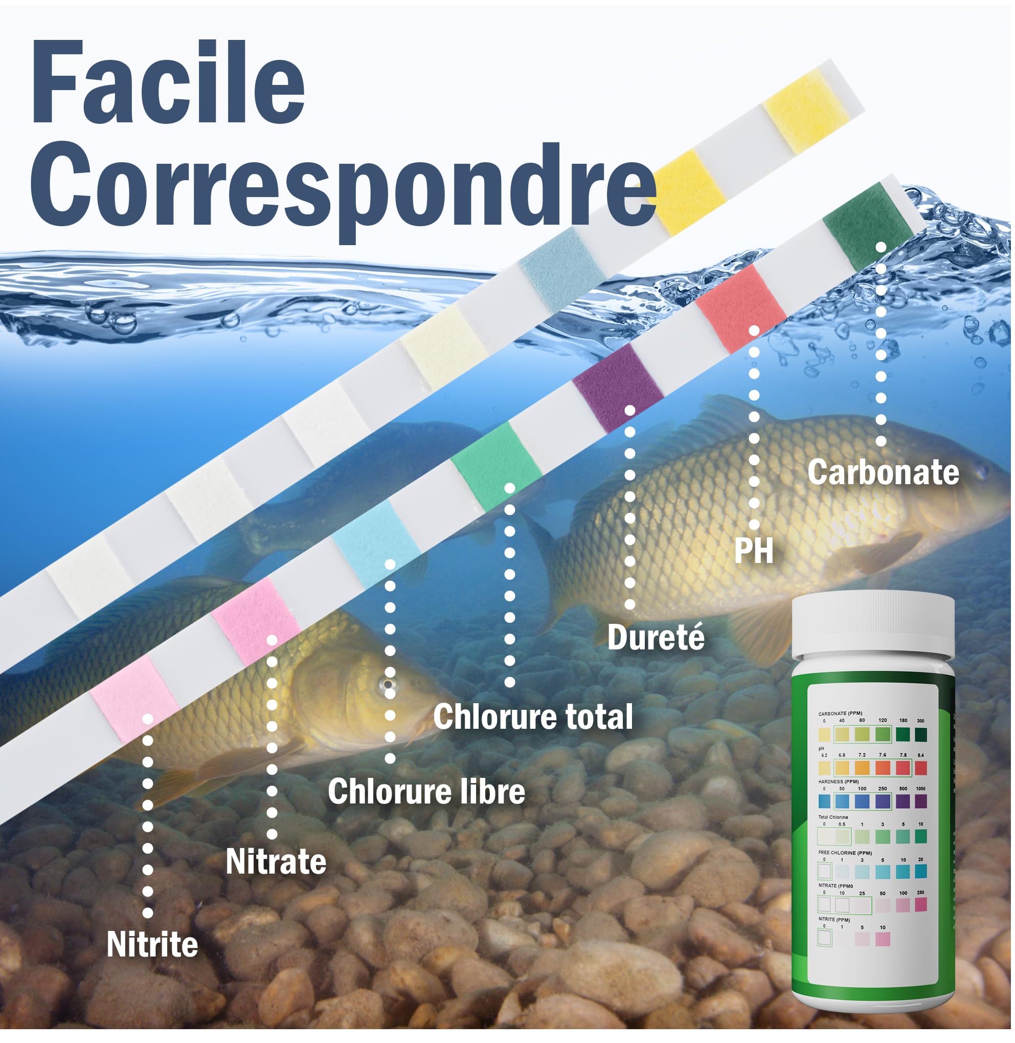 Bandelettes de test 7 en 1 pour bassin – Kit de test précis pour le pH, les nitrates, les nitrites, les carbonates, la dureté, le chlore total et libre – Pour bassins – 50 bandelettes