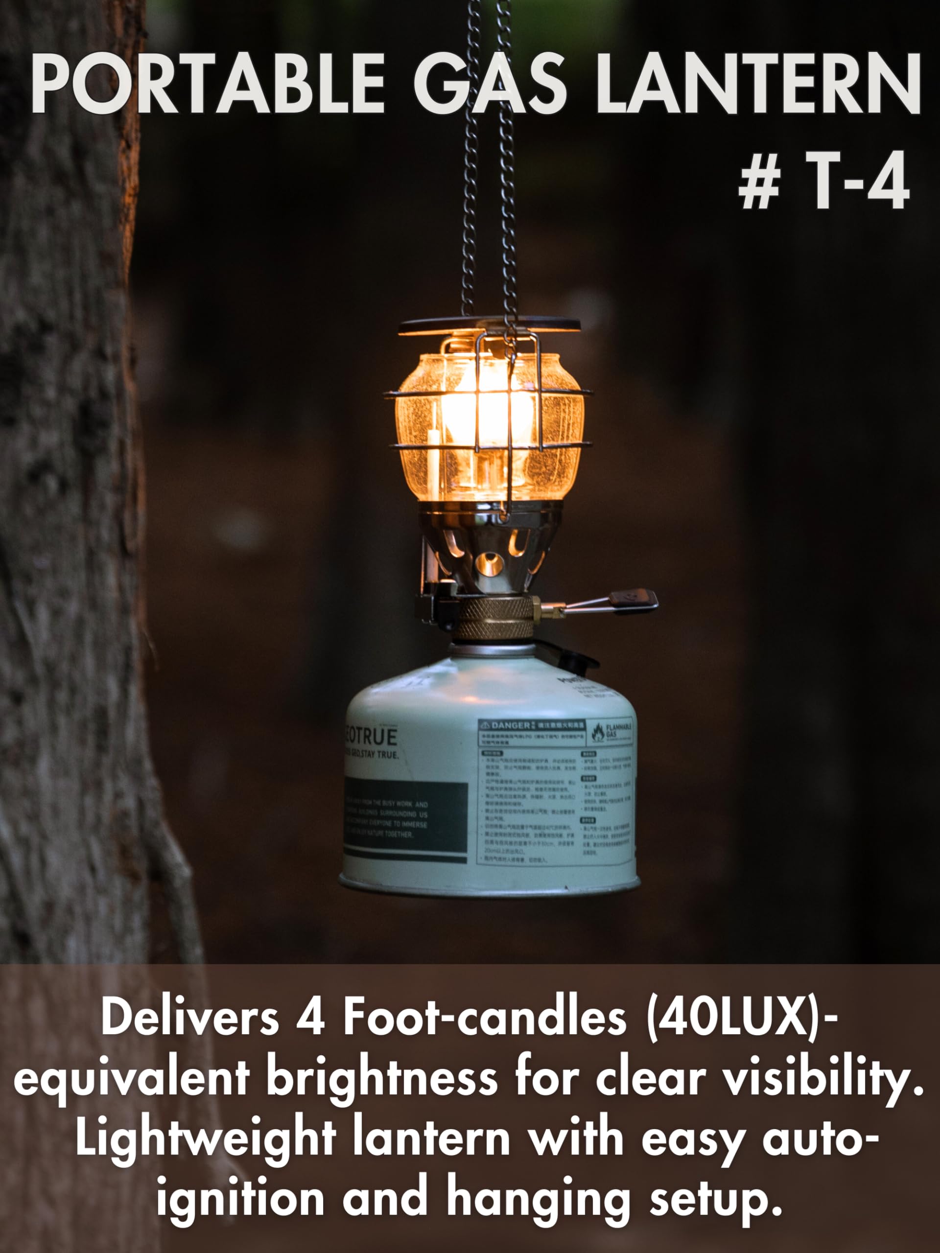 CAMPINGMOON Mini Gas Camping Lantern with Hanging Chain & Hard Case – 80W Equivalent Brightness, Adjustable Dial, Outdoor Portable Butane Lamp for Hiking, Backpacking, Emergency, Tent Lighting T-4
