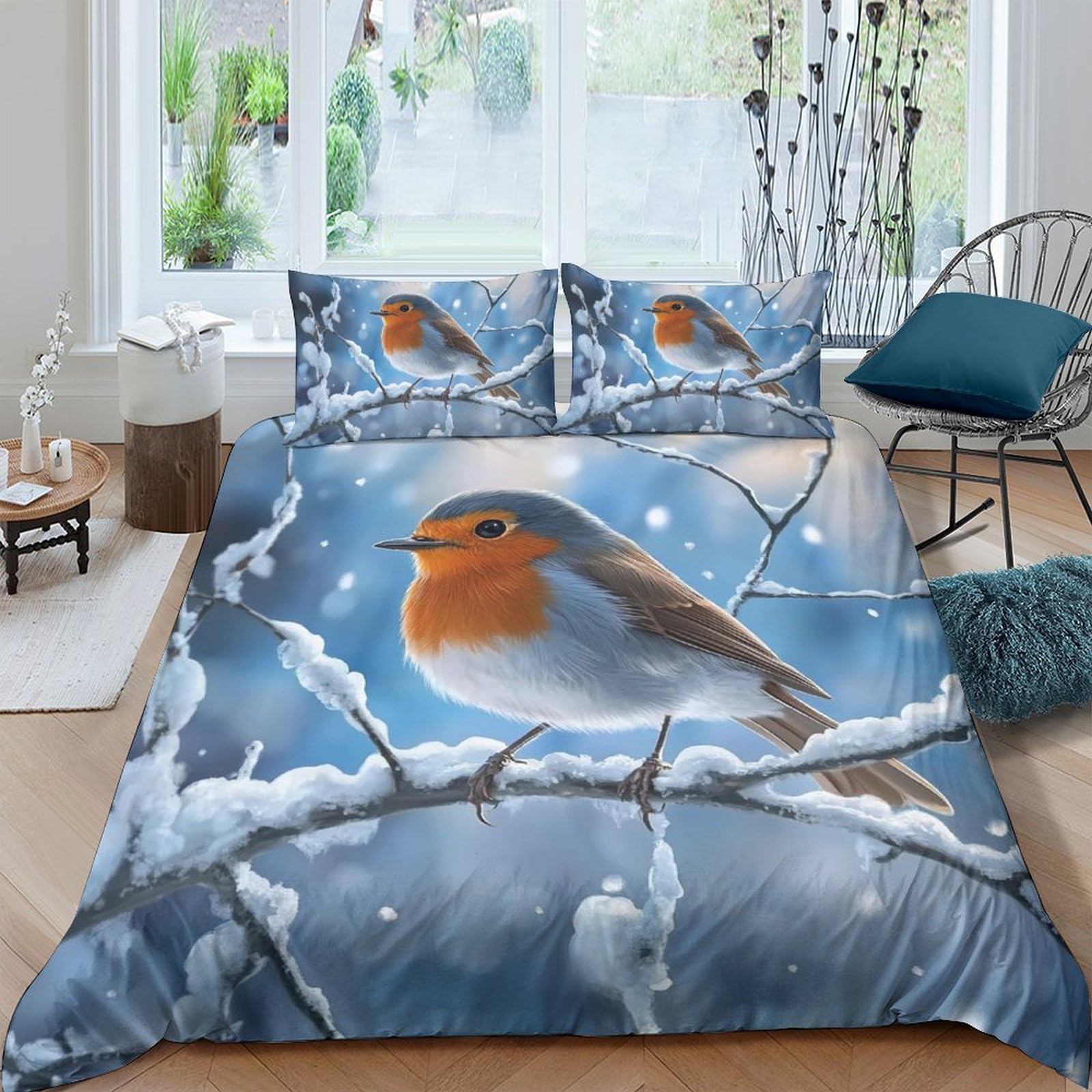 TUFRTGYHN 3D Printed Winter Robin Duvet Cover Microfiber Soft Breathable Snowy Branch Bedding Set with 2 Pillowcases for Bedroom Decor Single（135x200cm）
