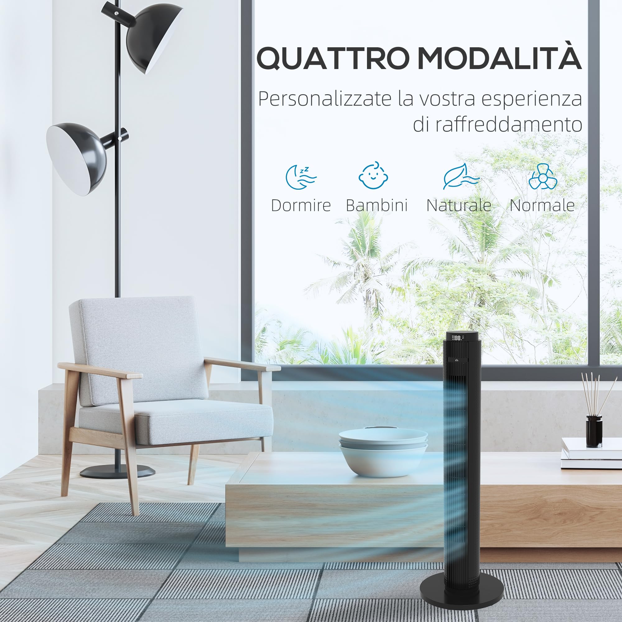 HOMCOM Ventilatore a Torre 45W a 4 Modalità e 3 Velocità con Timer da 12h, Ventilatore da Terra in ABS con Telecomando, Ø31.5x96 cm, Nero