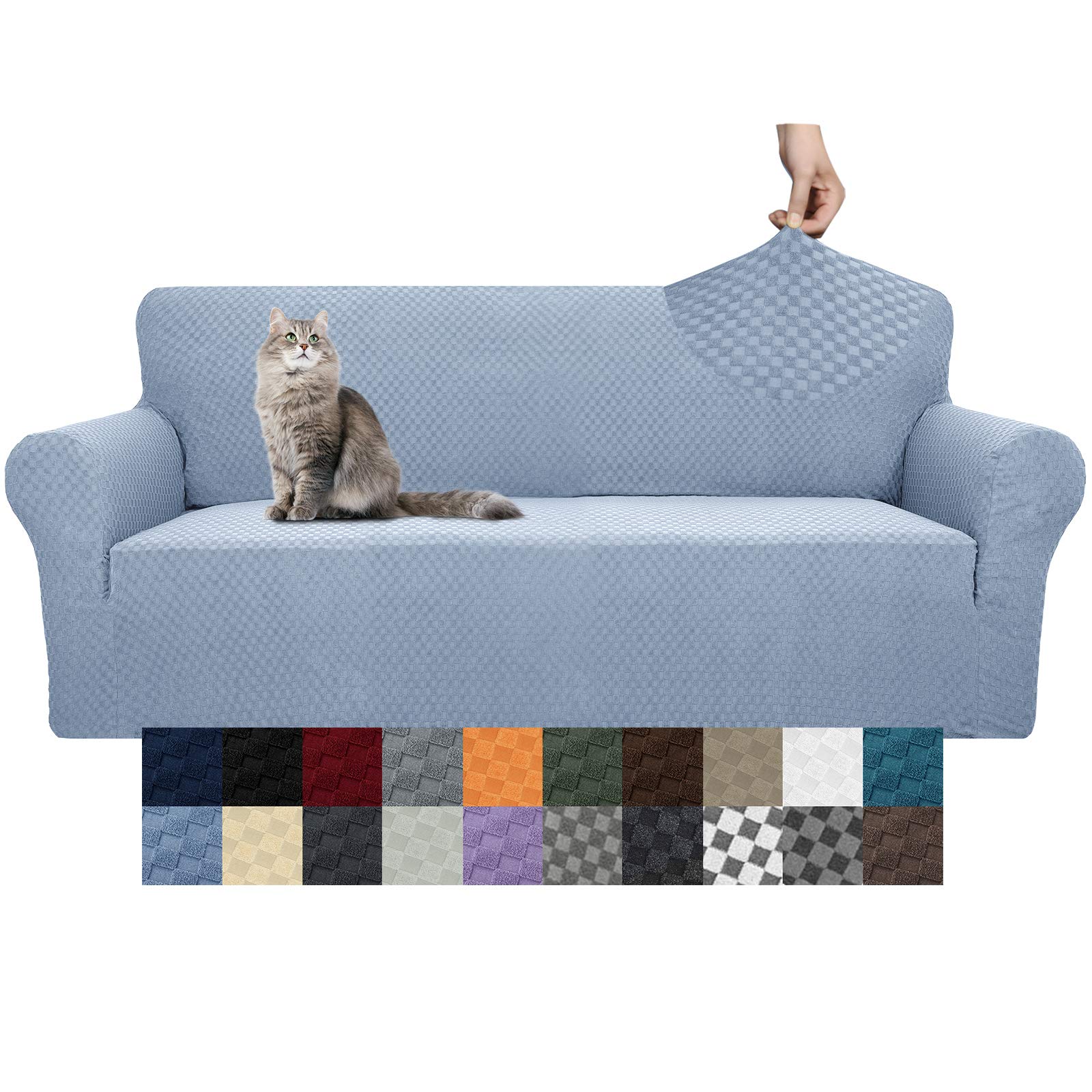 (box 1 of 2 )YEMYHOM Couch Cover Latest Jacquard Design High Stretch Sofa Covers for 3 Cushion Couch, Pet Dog Cat Proof Slipcover Non Slip Magic Elastic Furniture Protector (Large, Light Blue)