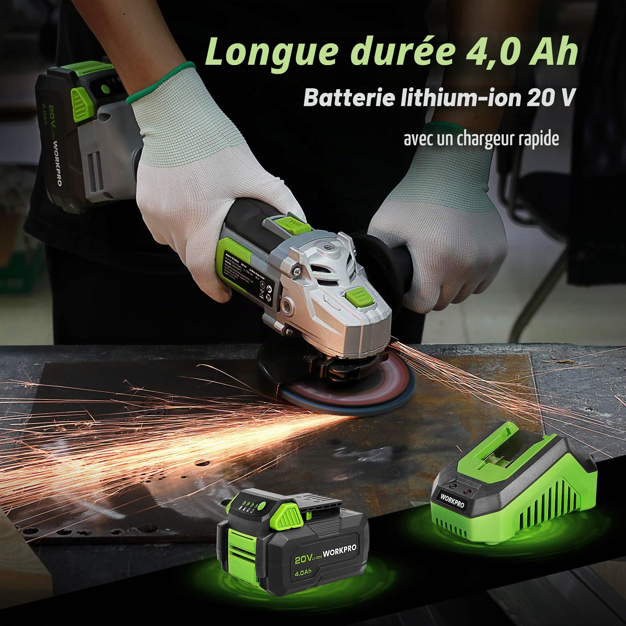WORKPRO Meuleuse d'Angle Sans Fil 20 V Ø125 mm avec Batterie 4,0 Ah | avec 5 Disques à Tronçonner, 2 Capots de Protection et Poignée Auxiliaire, pour Coupe et Meulage
