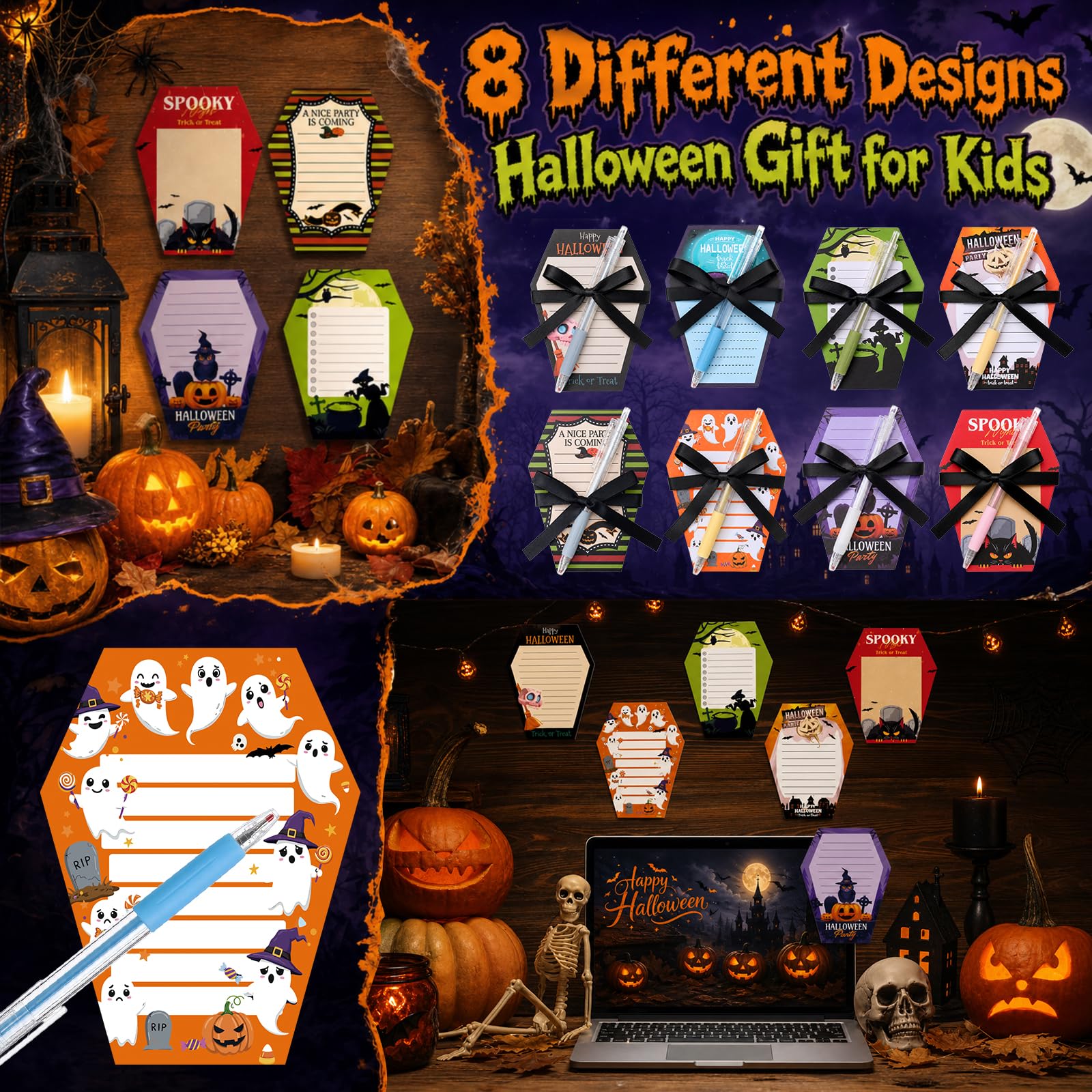 Honoson 48 foglietti adesivi per Halloween e penne autoadesive, set regalo per ufficio, zucca, fantasma, gatto, divertente, strano, spettrale, per adulti, colleghi, forniture per ufficio, 8 stili