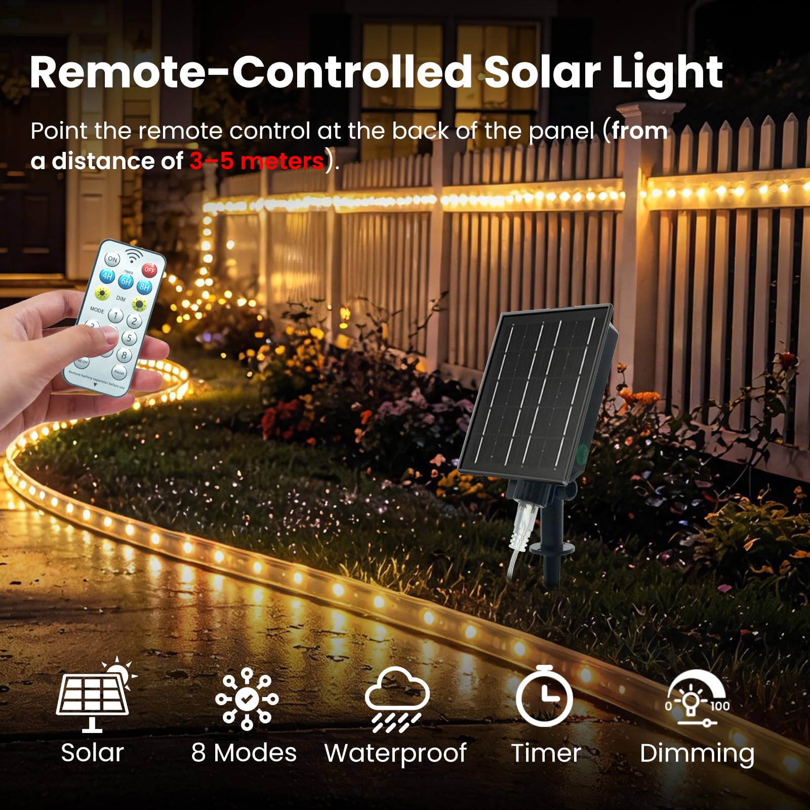 5V Ruban LED Solaire Extérieur, 2835 64 LEDs/m IP65 Étanche Lumineuse Solaires Bandeau LED Light Strip avec 8 Modes pour Cour extérieure, jardin, décoration de fête (Blanc chaud, 20M)
