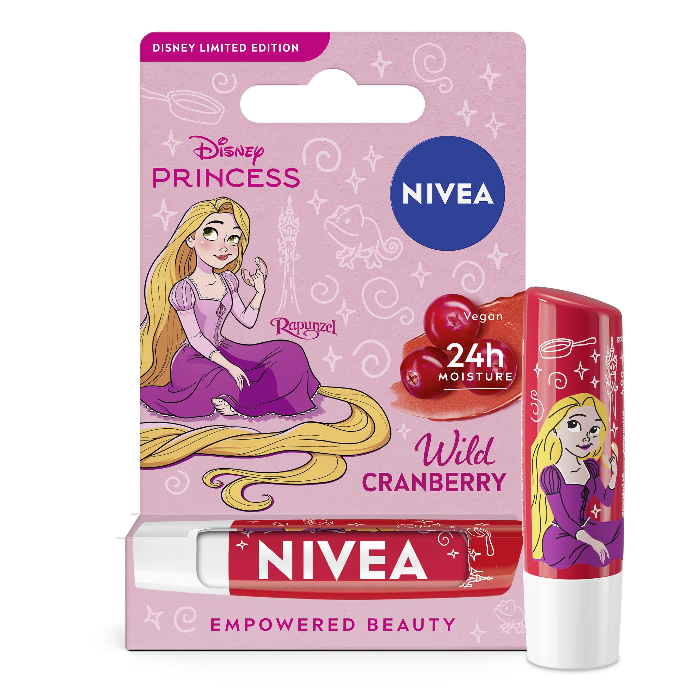 NIVEADisney Princess Rapunzel Limited Edition Wild Cranberry Lip Balm (4.8g), Unique Disney Princess Inspired Lip Balm for Kids, Contains Moisturising Shea Butter for 24 Hour Moisture