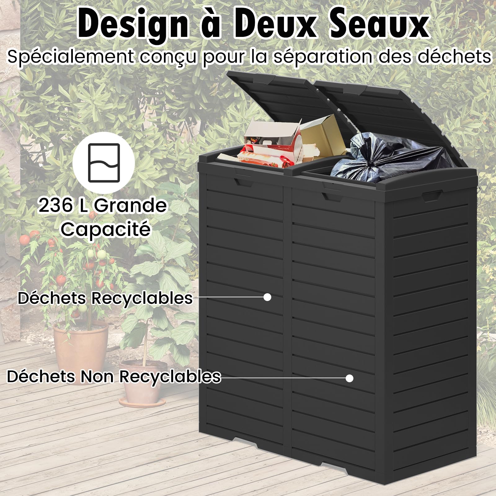GOPLUS Poubelle Jarin Extérieure à Double Bac 236 L, Bac à Ordures Extérieur pour Déchets, Poubelle de Tri Terrasse Extérieure Intérieure avec Plusieurs Couvercles (Noir,236L|77x40x86CM)
