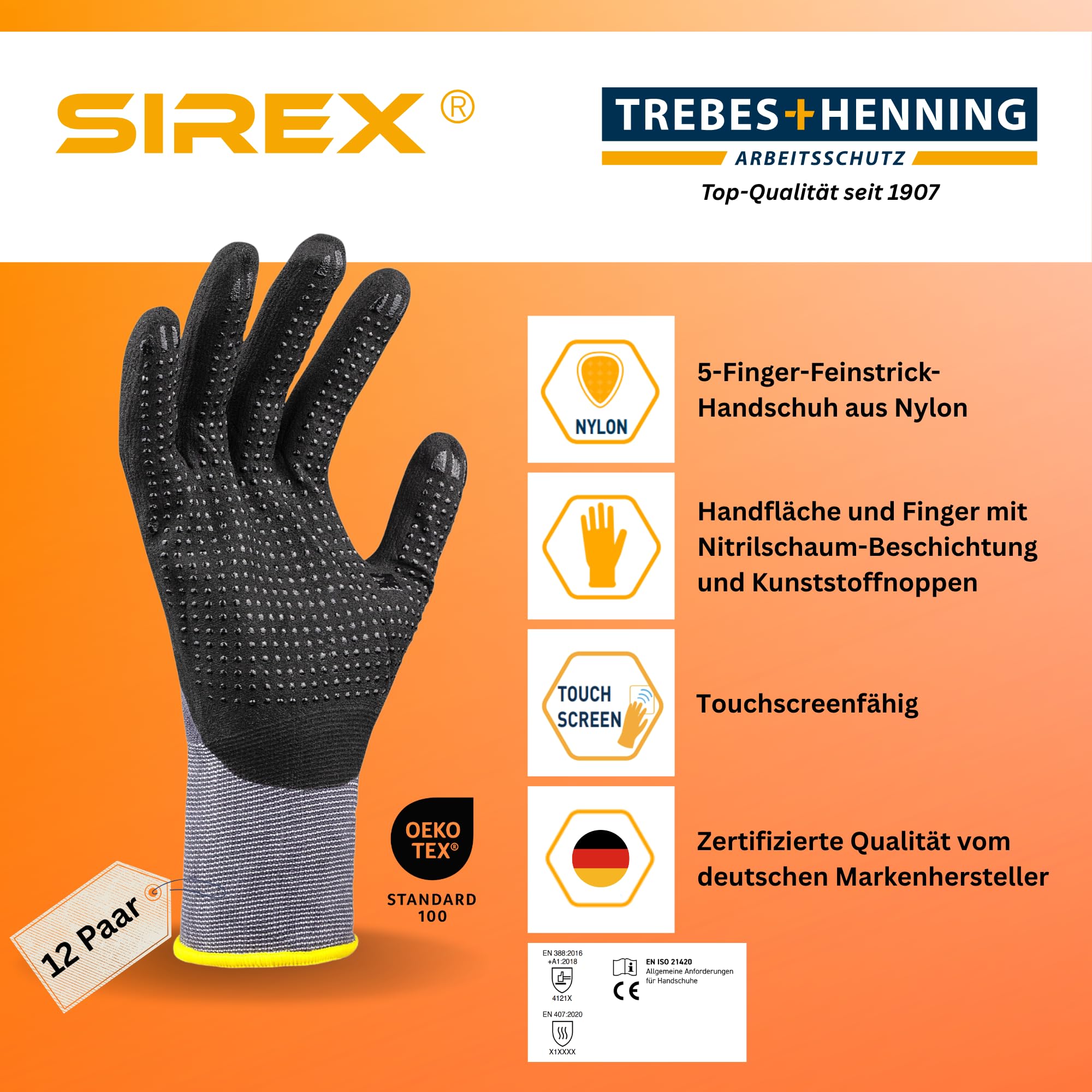 Sirex T685 Grip-Arbeitshandschuhe mit Noppen, 12 Paar - Touchscreen-fähig, Nitrilschaum-Beschichtung & Kunststoffnoppen für Halt, Oeko-Tex 100, Montagehandschuhe EN 388 & EN 407
