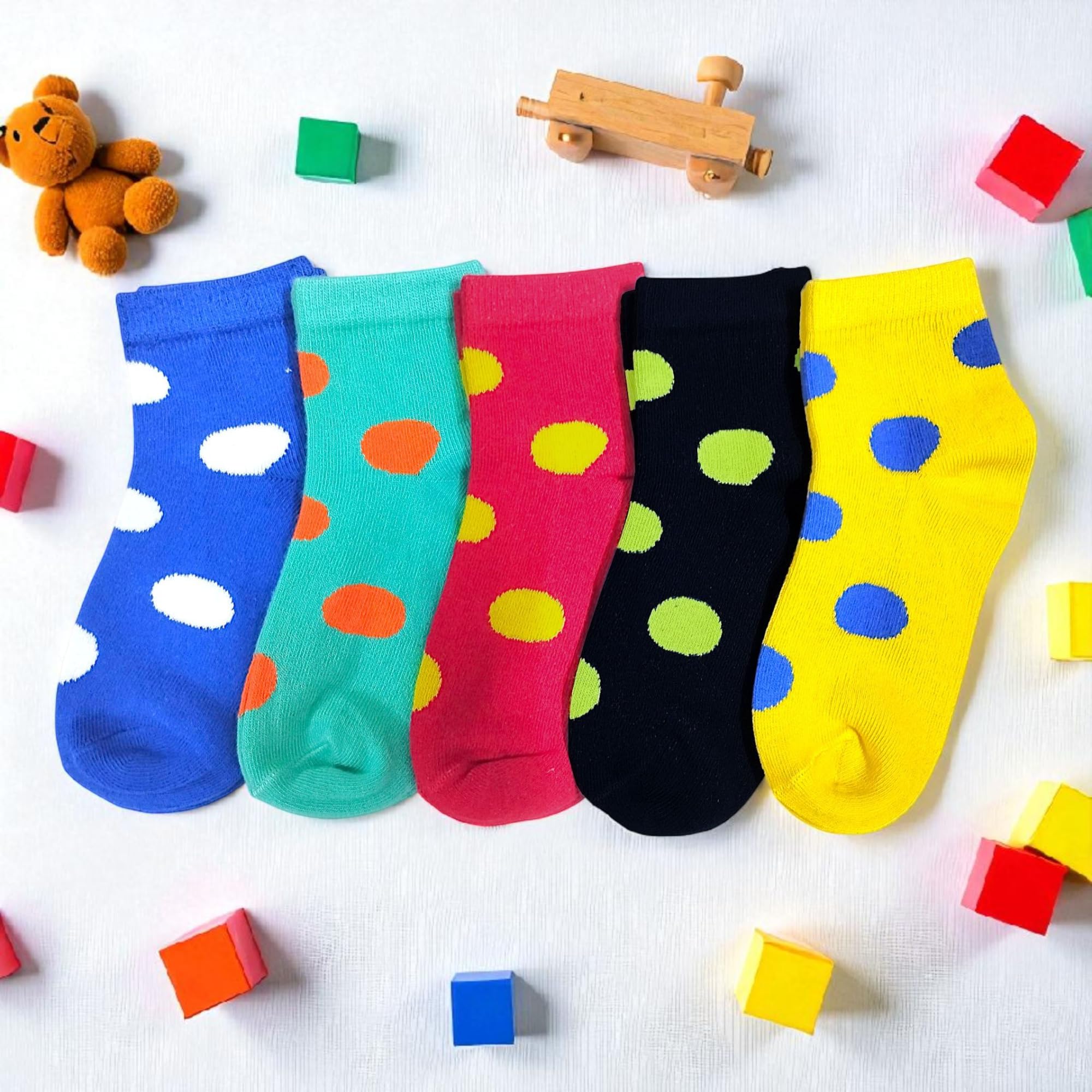 LEALDEALZ Kid's Socks for Boys and Girls - Made with Soft & Breathable Cotton with Antibacterial Wash, Pack Of 5, Circle Printed - For 6 Years To 8 Years Old, Suitable for all day long use 2