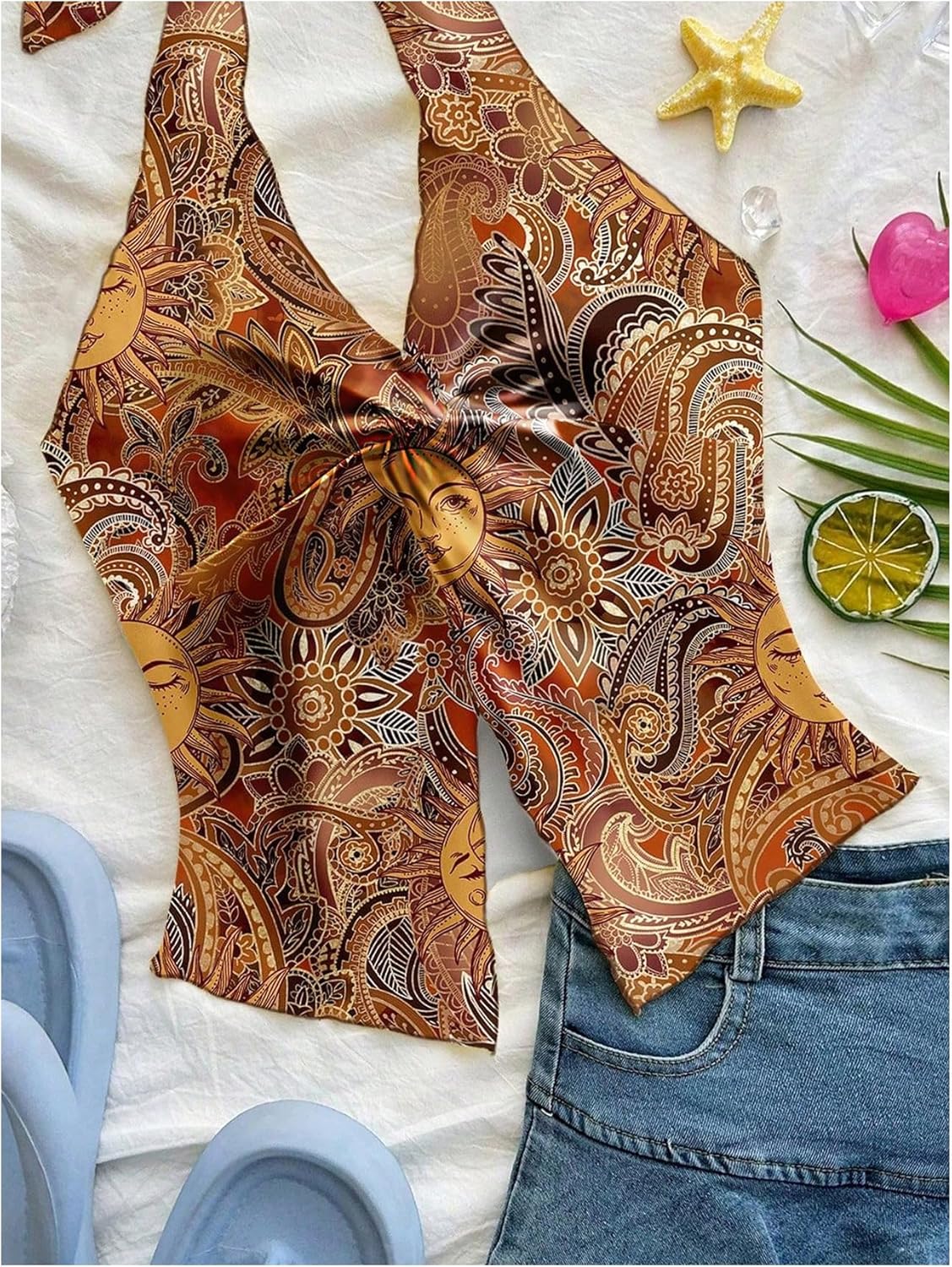 Women's Boho Printed Halter Tops Twist Front Tie Backless Tank Hippie Fitted Crop Tops - Image 4