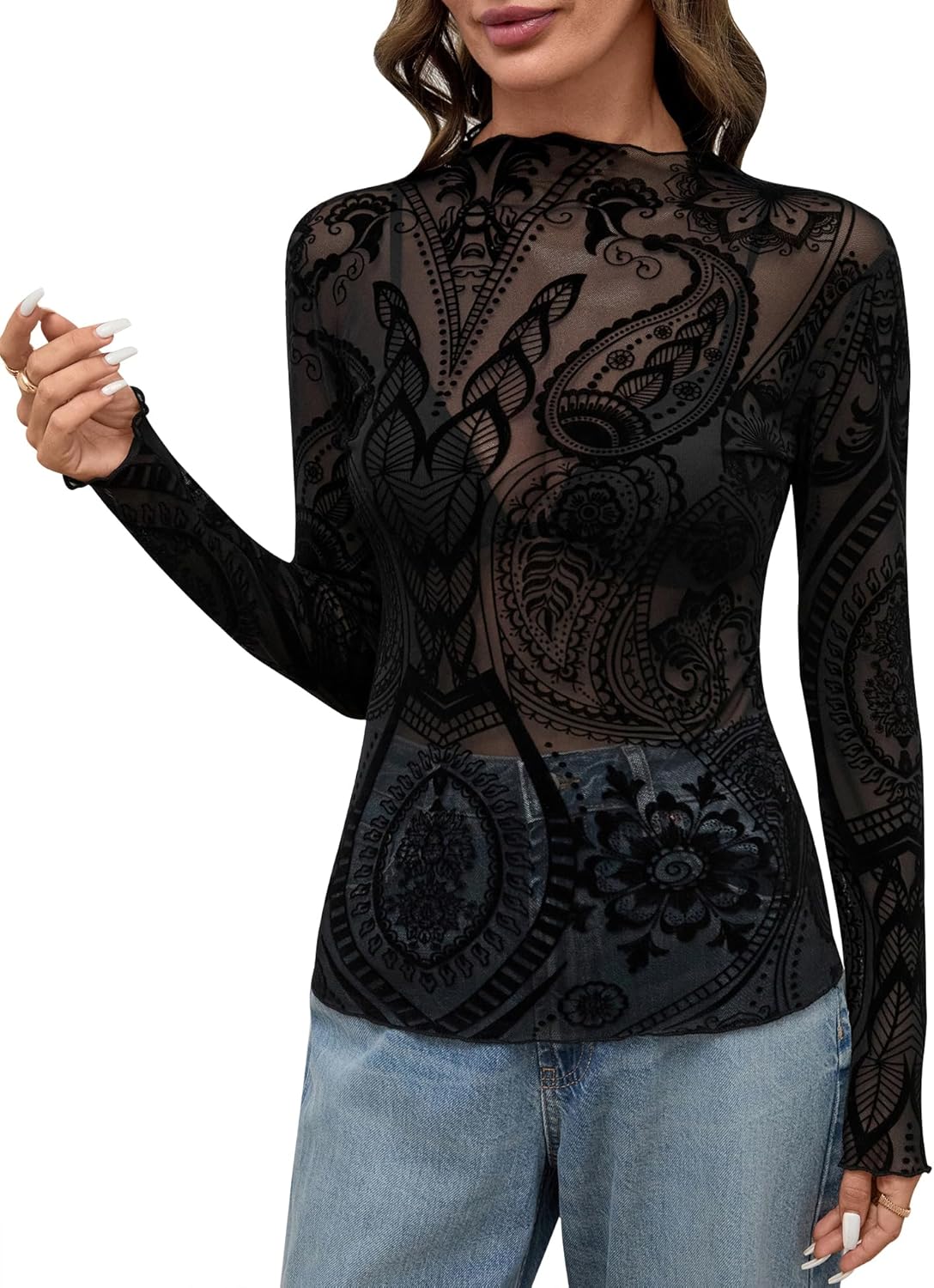KTILG Womens Mesh Long Sleeve Top Sheer Blouse Sexy See Through Tee Shirt Lace Tops S-XXL - Image 6