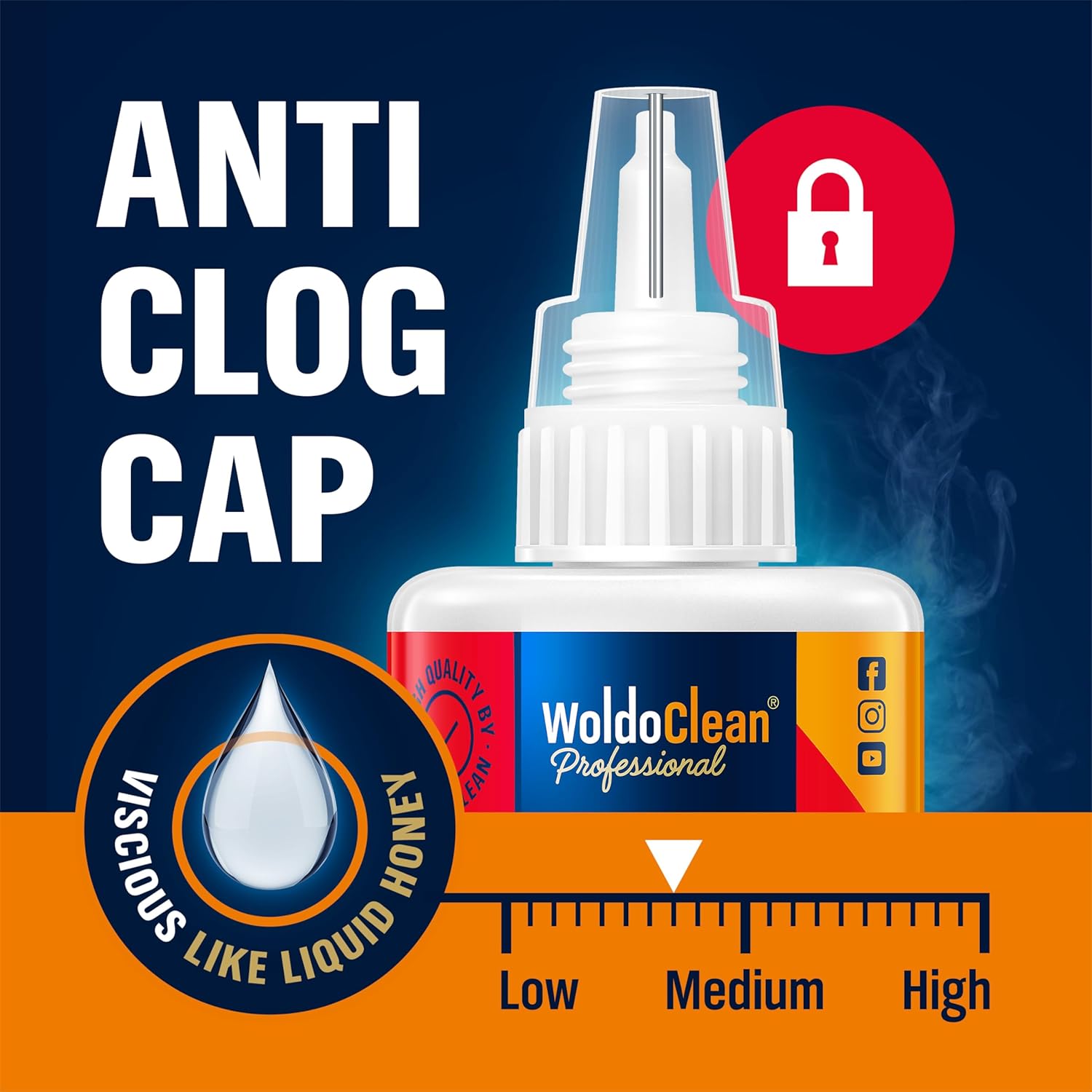 WoldoClean Super Glue with 'Anti Clog Cap' and 'Viscous like liquid honey' text, indicating medium viscosity