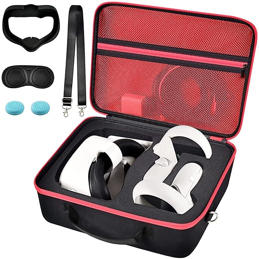 Carrying Case Compatible with Meta/for Oculus Quest 2 All-in-One VR Gaming Headset and Touch Controllers, Trave Storage Bag with Silicone Face Cover & Lens Protector&Accessories - Red Zipper