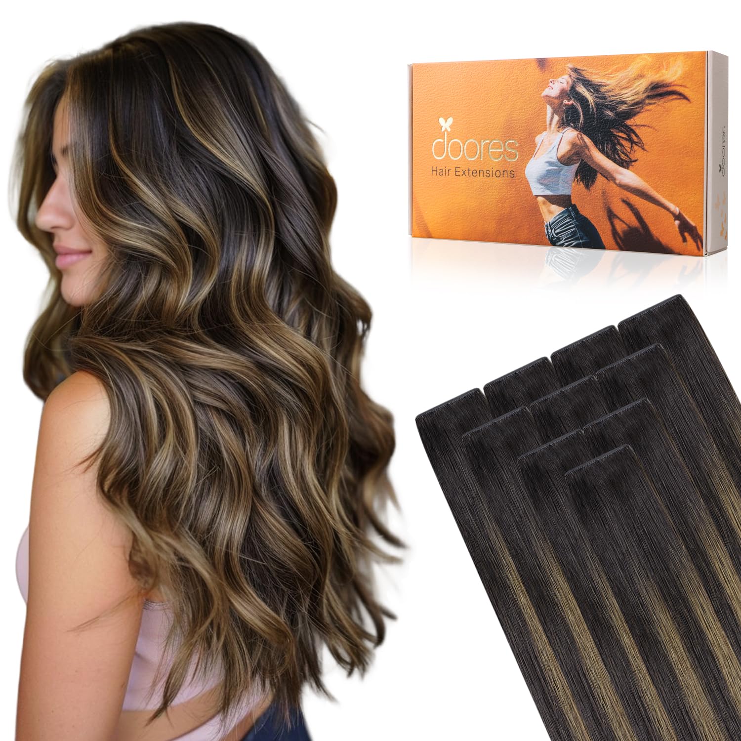 DOORES Human Hair Extensions Tape in, Balayage Walnut Brown to Ash Brown and Bleach Blonde, 18 Inch 20pcs 50g, Tape in Hair Extensions Silky Straight Soft Weft — view 70