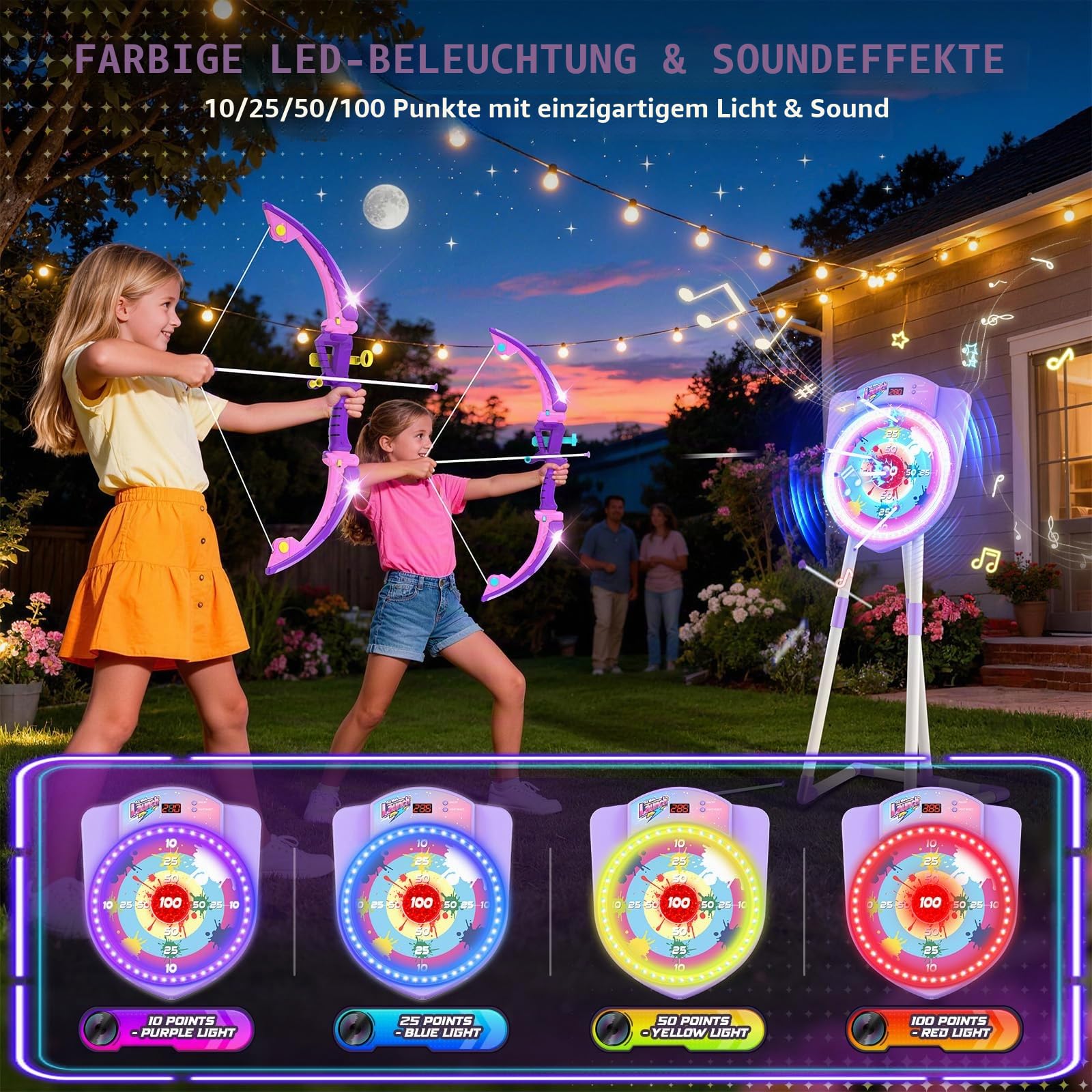 VATOS 2 Pack LED Bow and Arrow for Kids with Auto Scoring, Light Up Archery Set with 10 Suction Cup Arrows, 2 Quivers, LED Archery Target, Indoor Outdoor Backyard Toy Gift