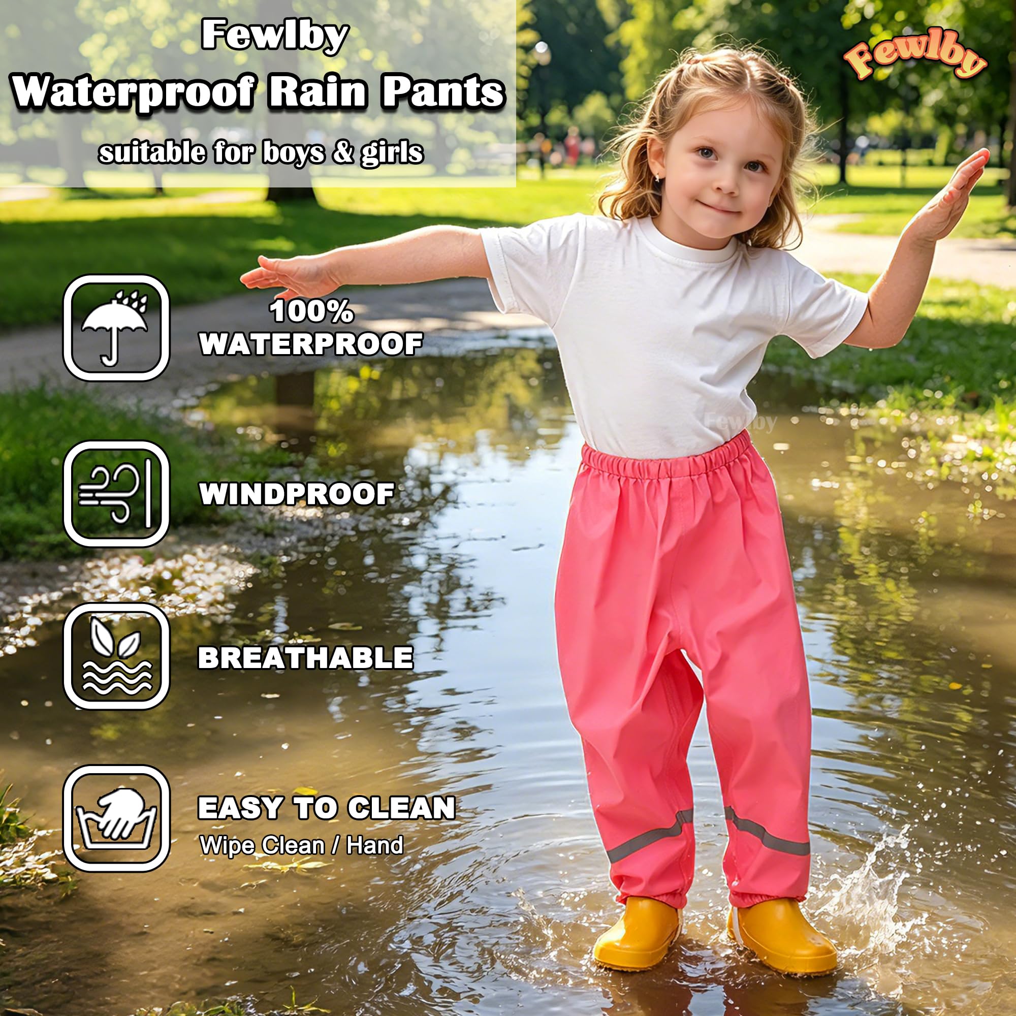 Fewlby Enfant Pantalon Imperméable Pantalon de Pluie, Filles Garçons Combinaison de Pluie avec Bandes Réfléchissantes Réutilisable Vêtements de Pluie