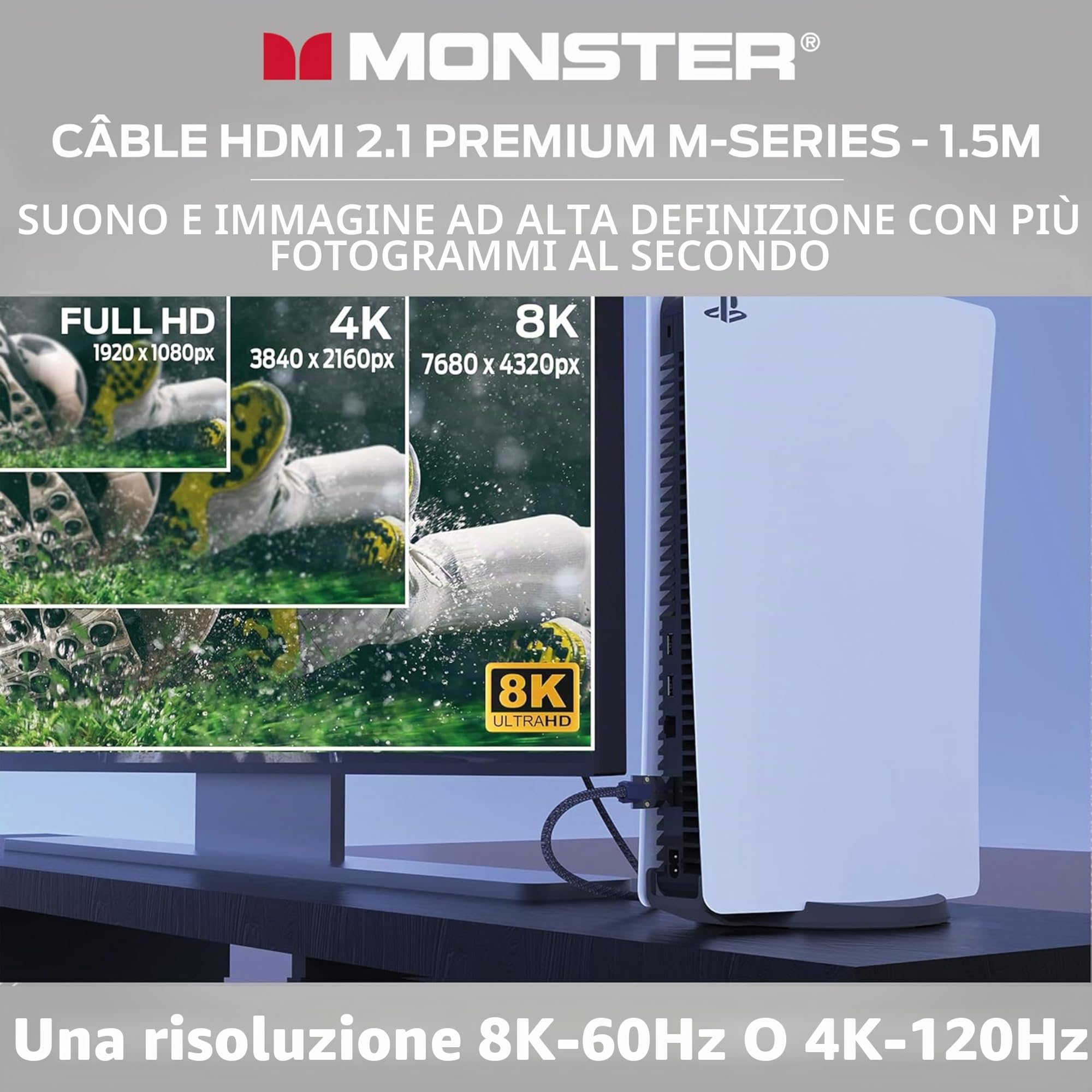 Monster - Cavo HDMI 8K Video HDR 48GBPS, Velocità Flash, Connettori V-Grip Tripla Schermatura, 1,5 m, Nero