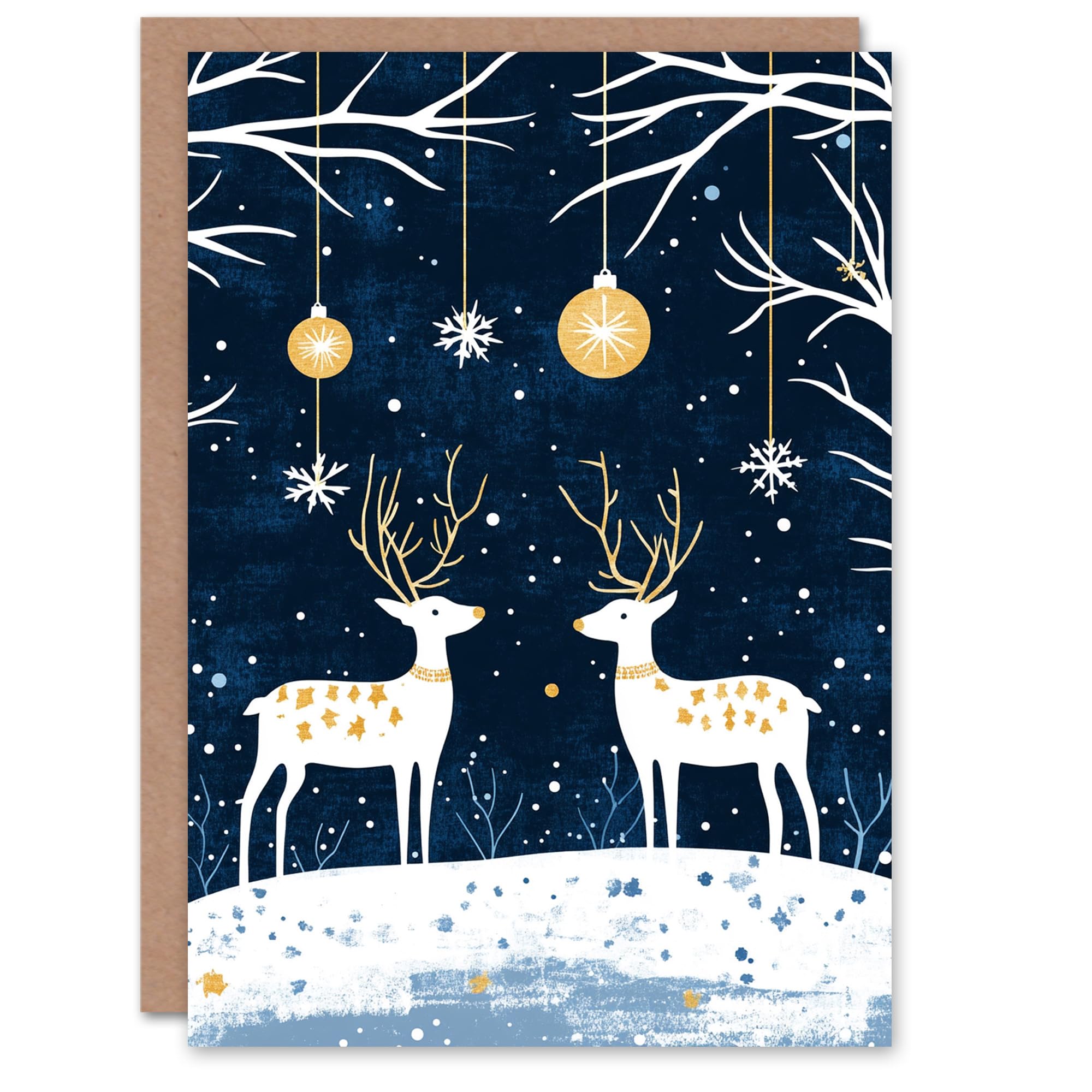 Winter Forest Baubles Reindeer Gold Blue Nordic Festive Xmas Christmas Card