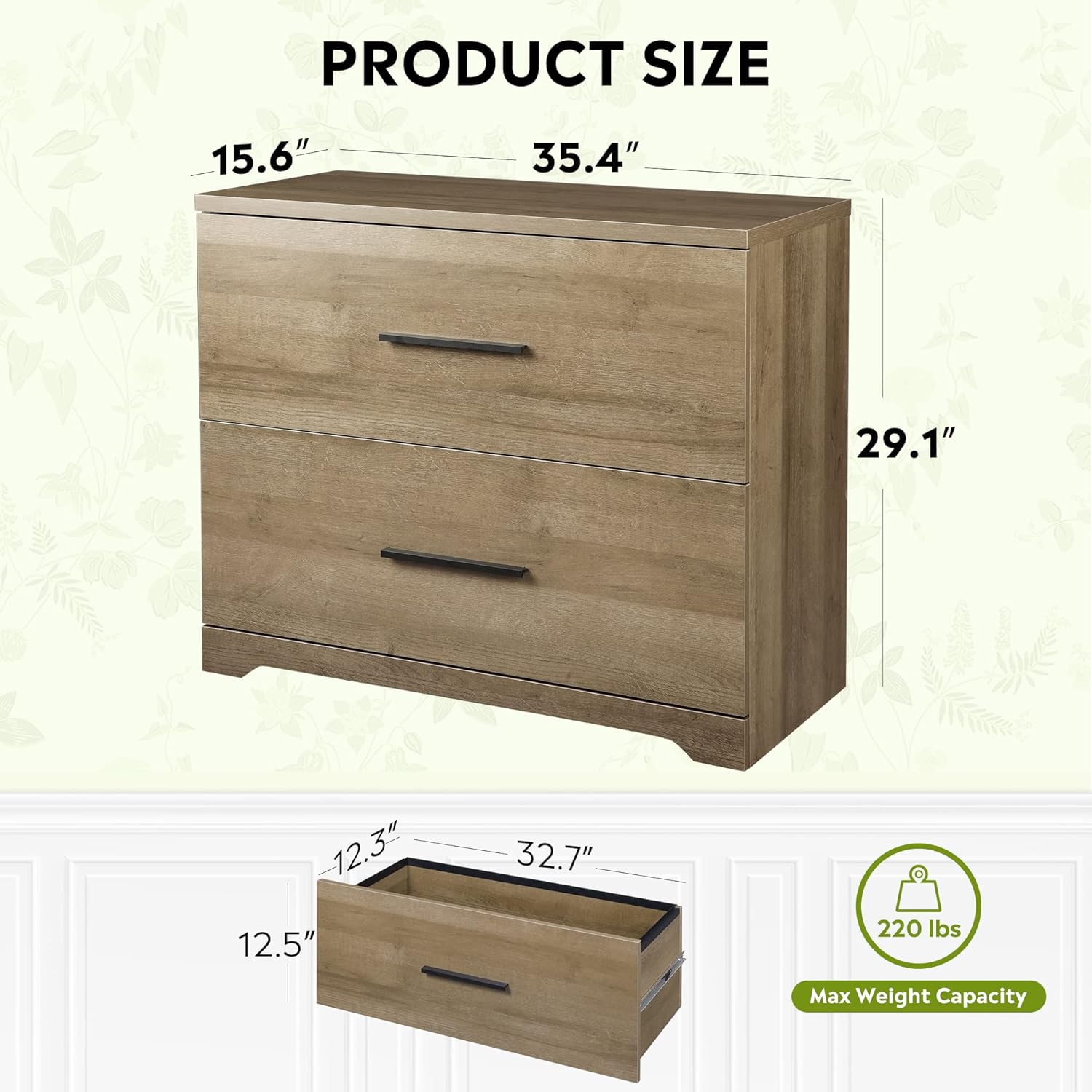 Diagram showing the dimensions of the DEVAISE 2-Drawer Lateral File Cabinet and its maximum weight capacity.