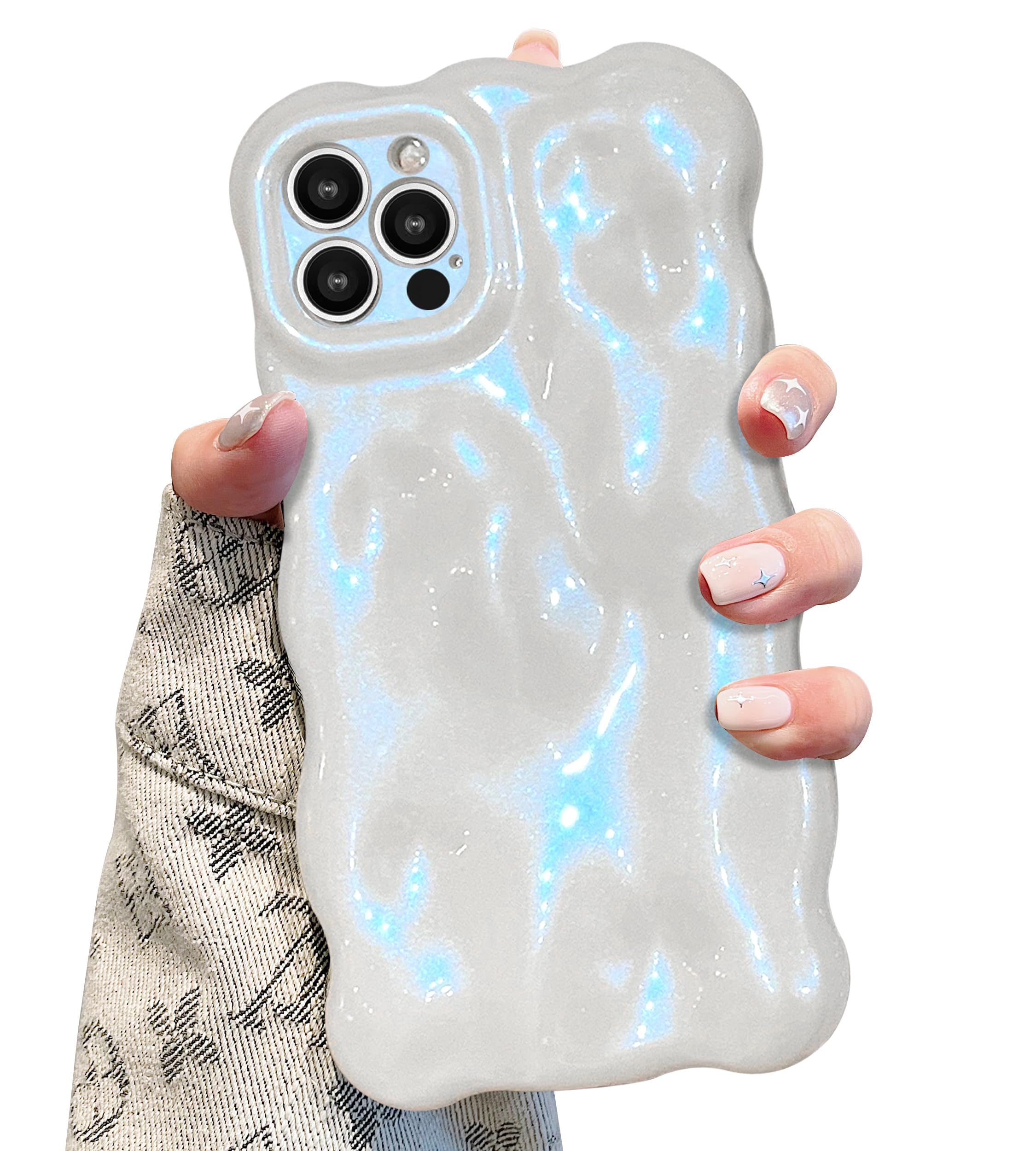 UEEBAI Case For IPhone 17 Pro Max, Cute Solid Color Curly Wave Shape Shockproof Soft TPU Bumper Phone Cover, Candy Water Ripple 3D Silicone Slim Pretty Case Non-yellowing Cover-Silver - View #5