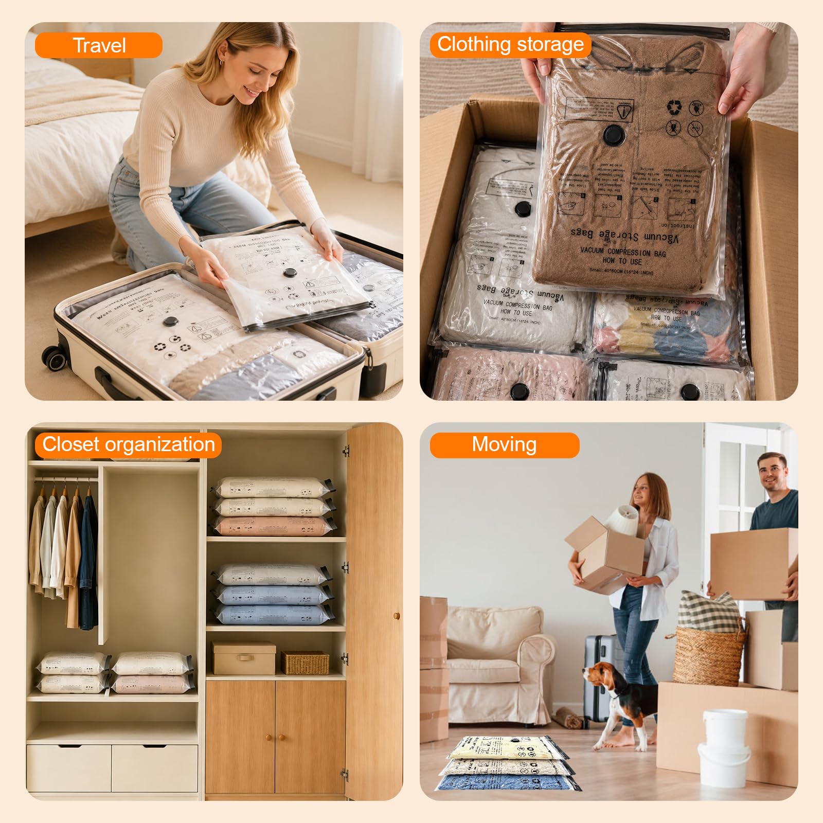Sacchetti Sottovuoto Vestiti con Pompa Sottovuoto Senza Fili | 12 Pezzi(4* 40X60cm,4* 50X70cm,4* 60X80cm),Sacchetti Sottovuoto Viaggio Riutilizzabili per Viaggi,Casa,Traslochi e Stoccaggio