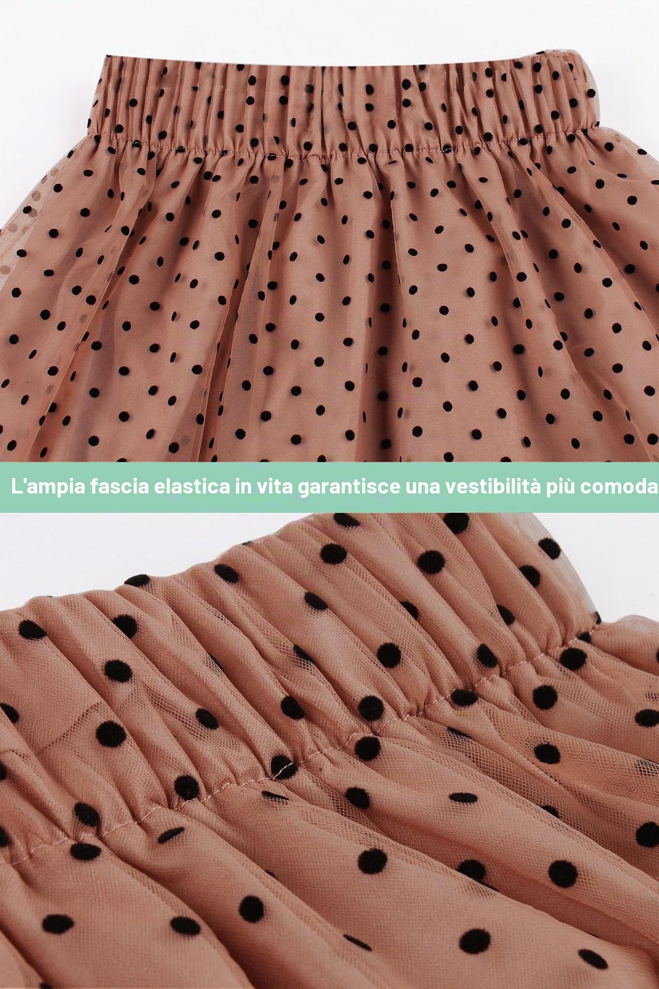 AXOE Donna Gonna Tulle Lunga Linea A Midi Elegante Elastico in Vita Alta Estiva Casual Ufficio caffè e Pois Nero, Taglia 40-44, S