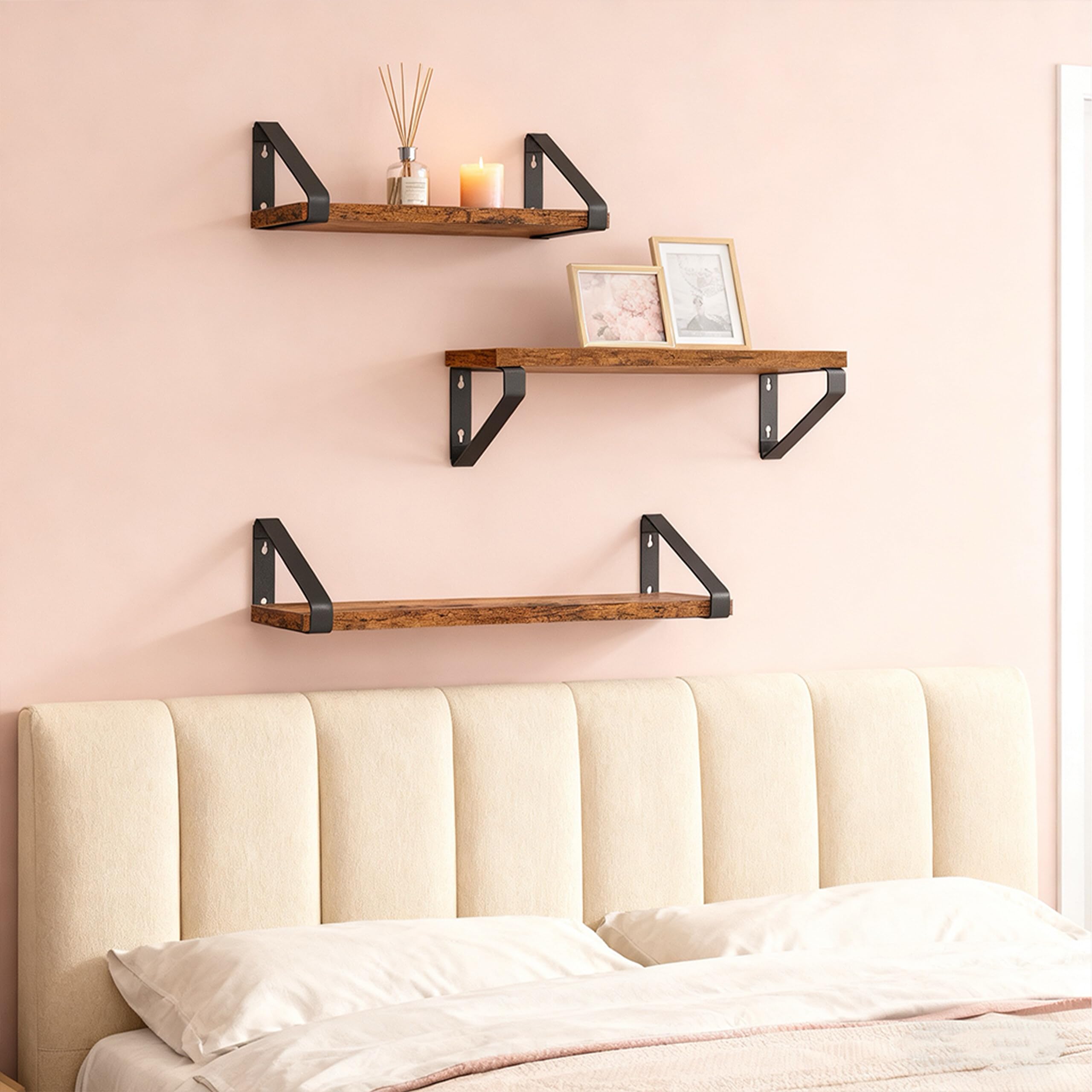 Relaxdays Zestaw 3 półek ściennych, drewno i metal, 30/35/40 cm, na książki i dekoracje, brązowy