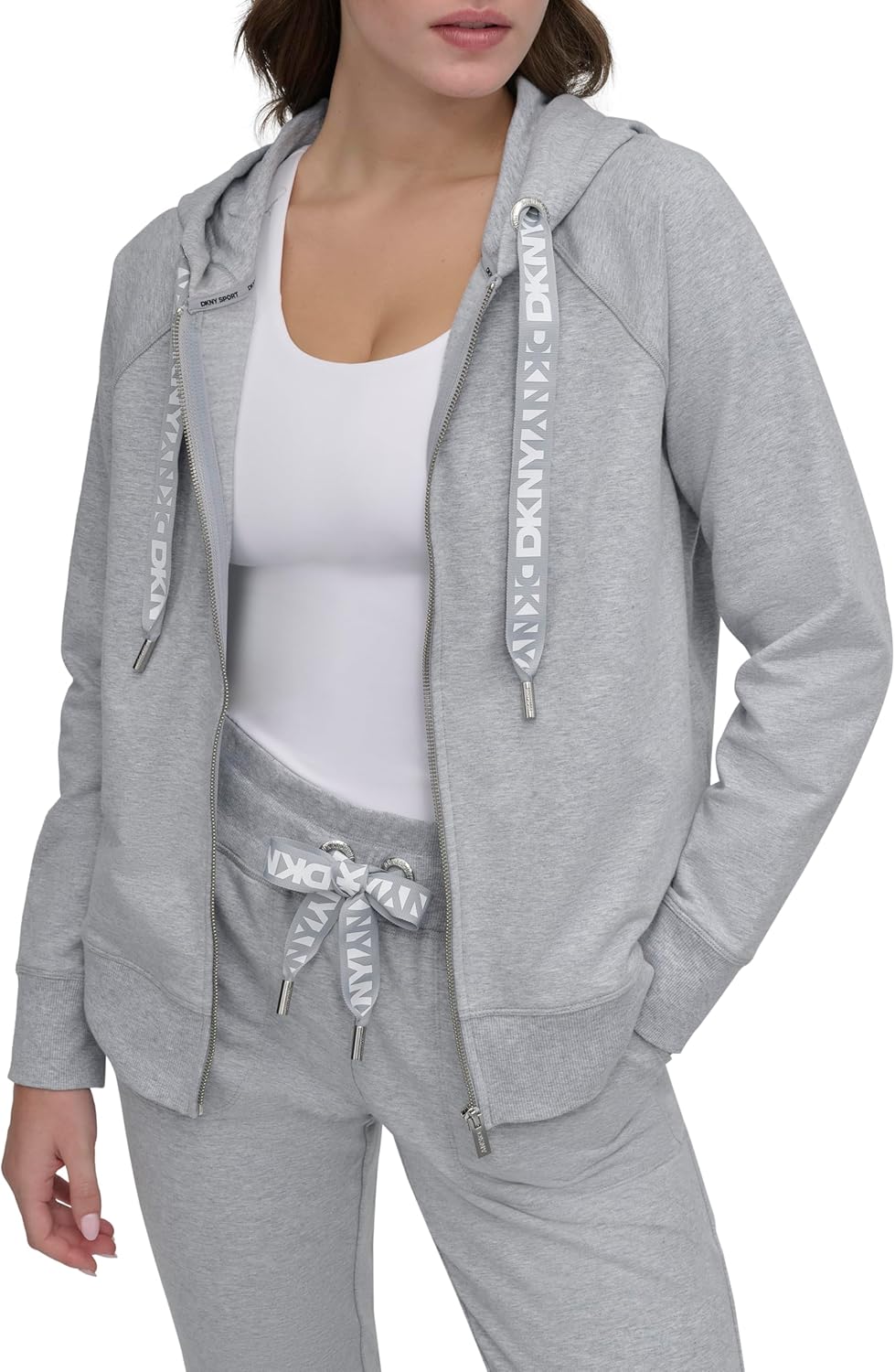 DKNY womens Two Tone Logo Drawcord Full Zip Hoodie Sweatshirt - Image 2