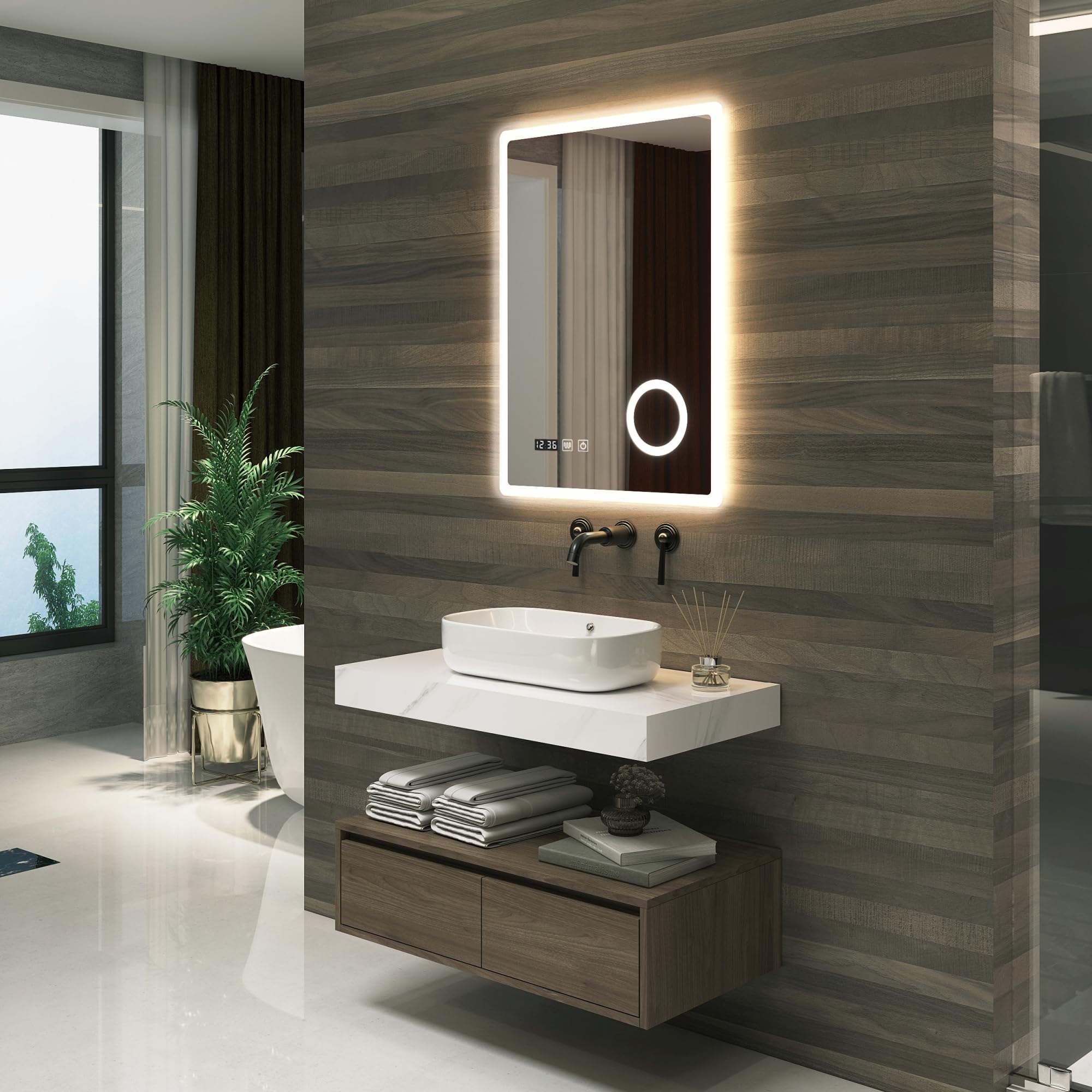 pro.tec Espejo de Pared con LED para Baño con Reloj e Indicador de Temperatura Antivaho Lupa 3 Opciones de Temperatura de Luz Blanca Interruptor Táctil 60 x 80 cm Aluminio - Blanco