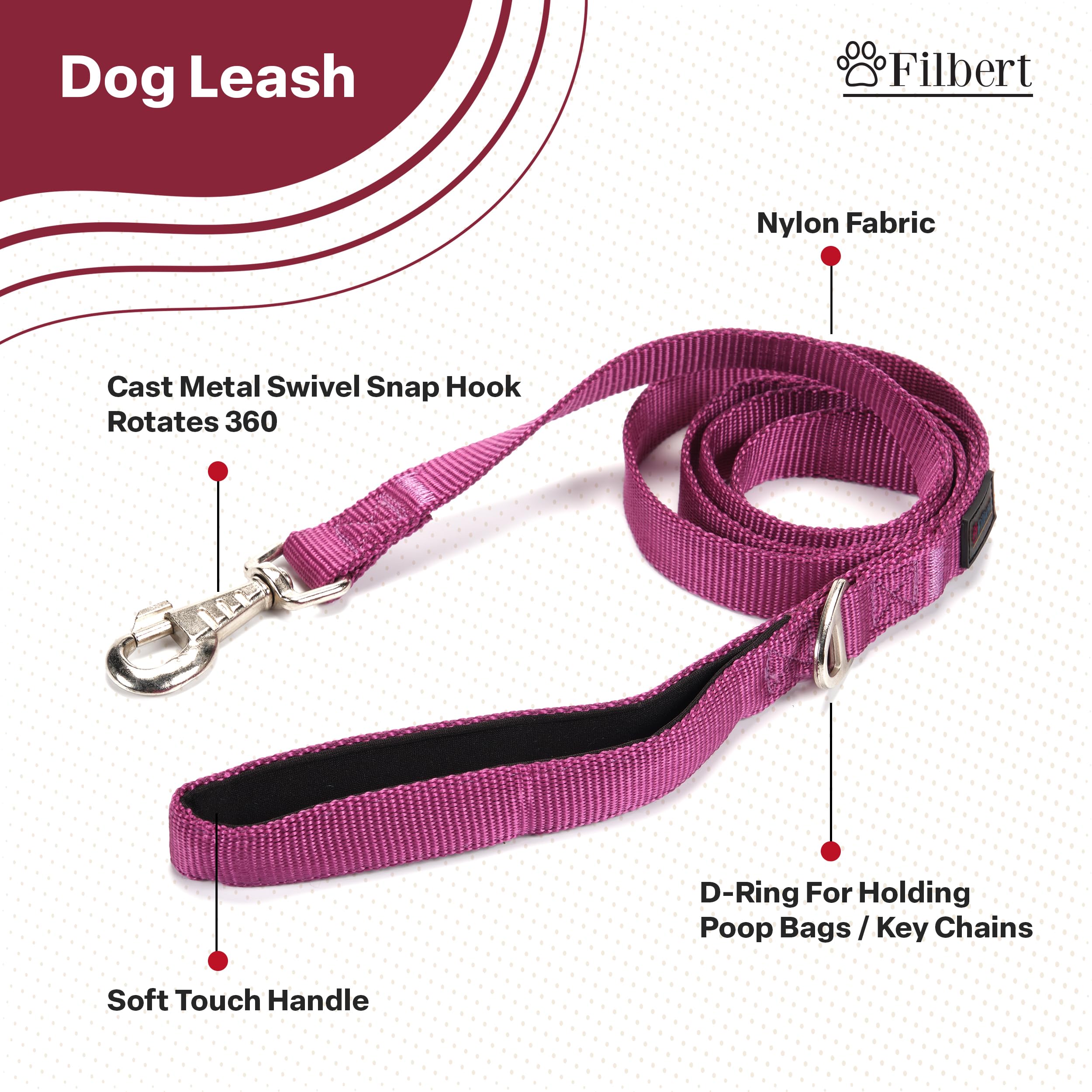 Filbert Nylon Dog Leash, Heavy Duty Leash, for Medium and Small Dogs, 3/4 inch X 4.6ft Strong and Durable, Traction Rope, Neon Pink