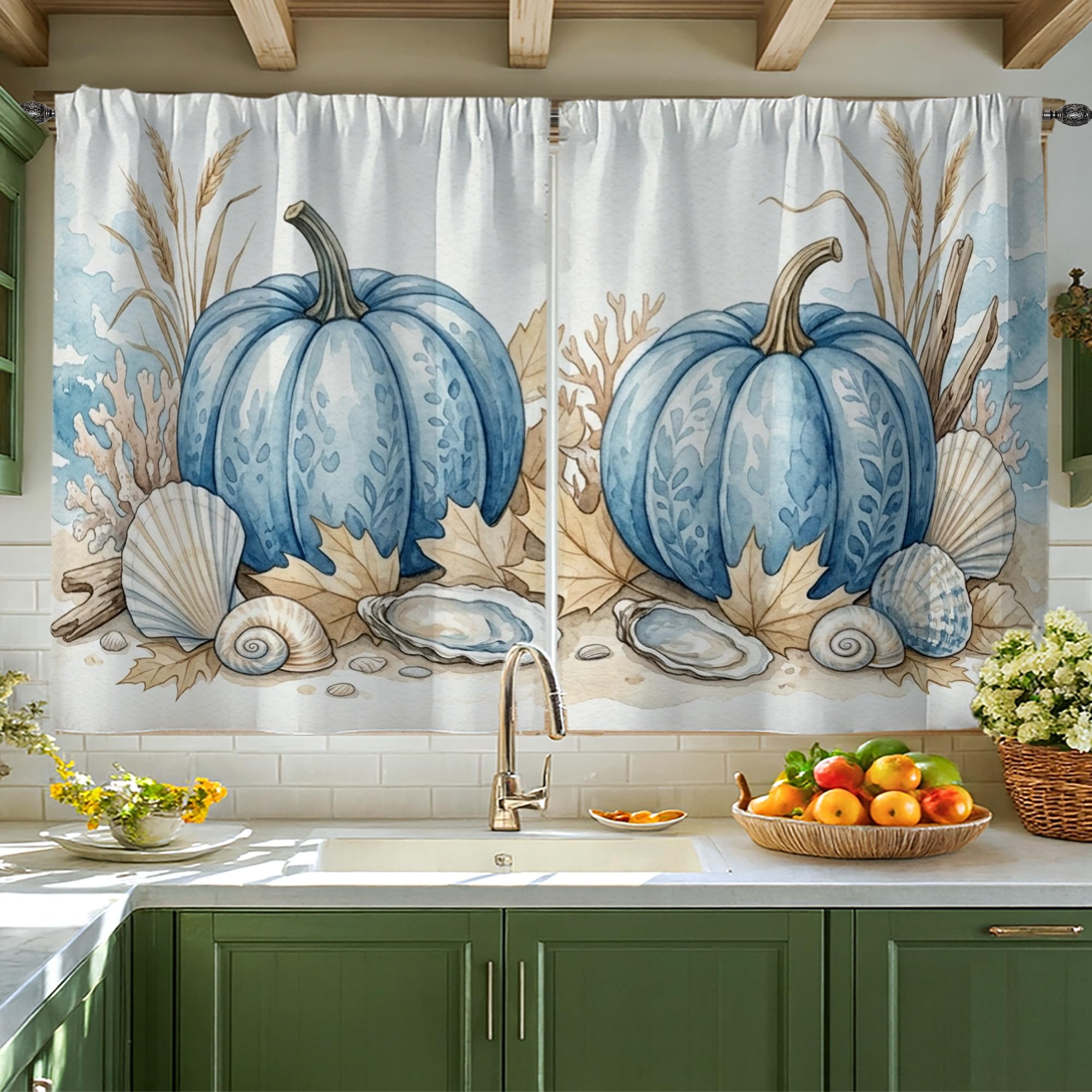 Rideaux citrouilles bleu automne pour masquer le vis-à-vis en cuisine