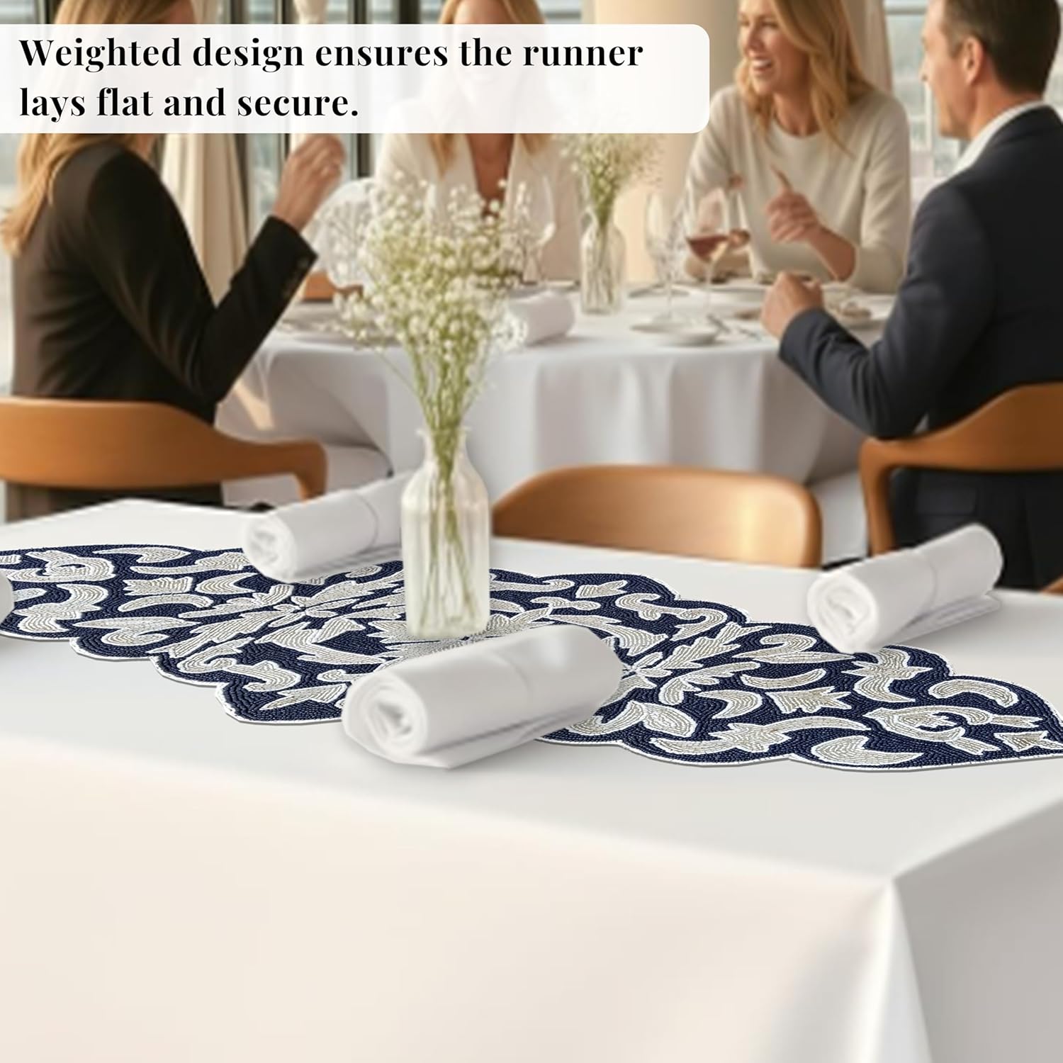 CLEENTABLE Decorative Beaded Table Runner – Glass Beads & Polyester Luxury Table Runner for Dining Table, Wedding & Holiday Centerpiece Décor, 36 Inches Length x 13 Inches Width (Blue & Silver)
